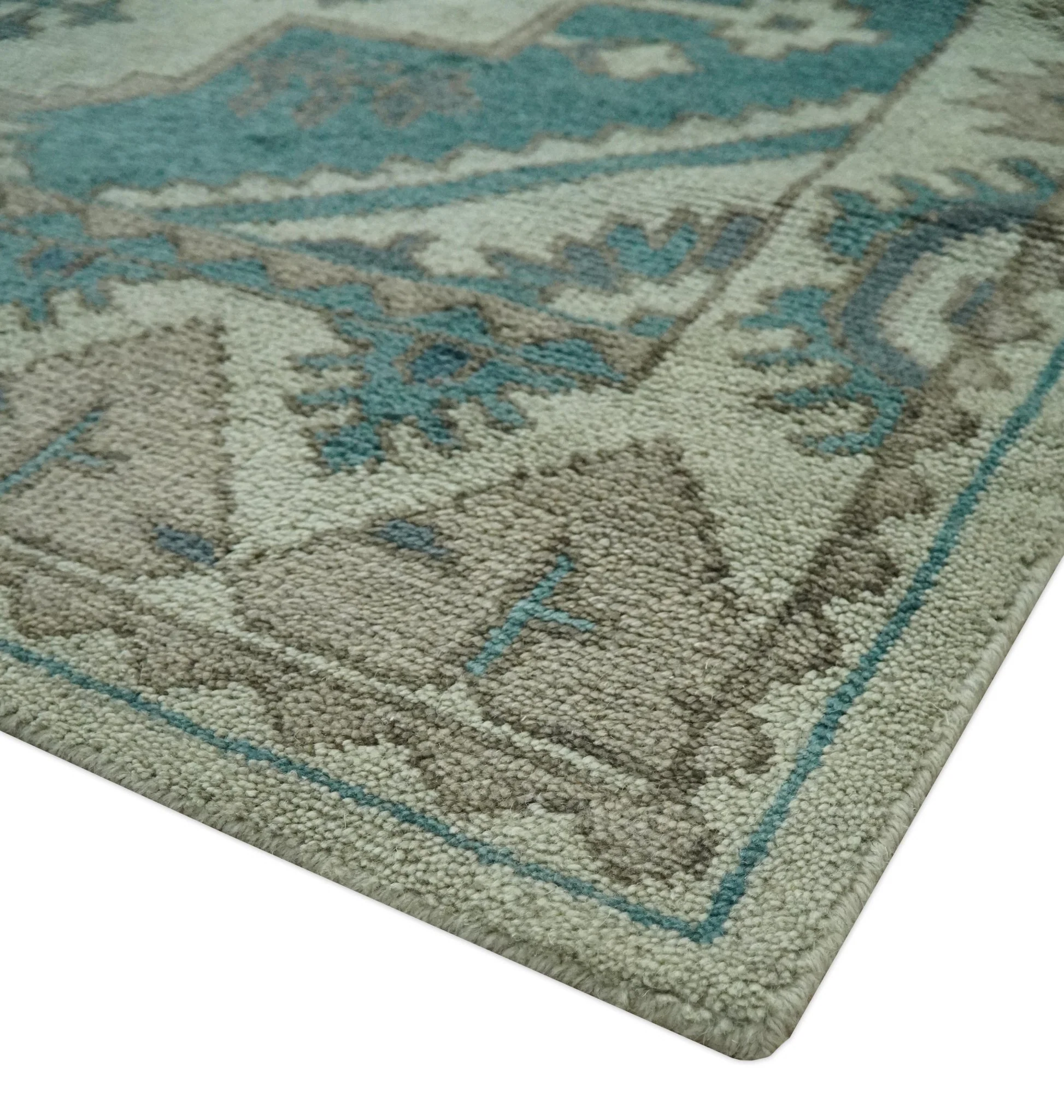 Light green, Teal and Charcoal Traditional Hand Knotted Custom Made wool Area Rug - Image 6