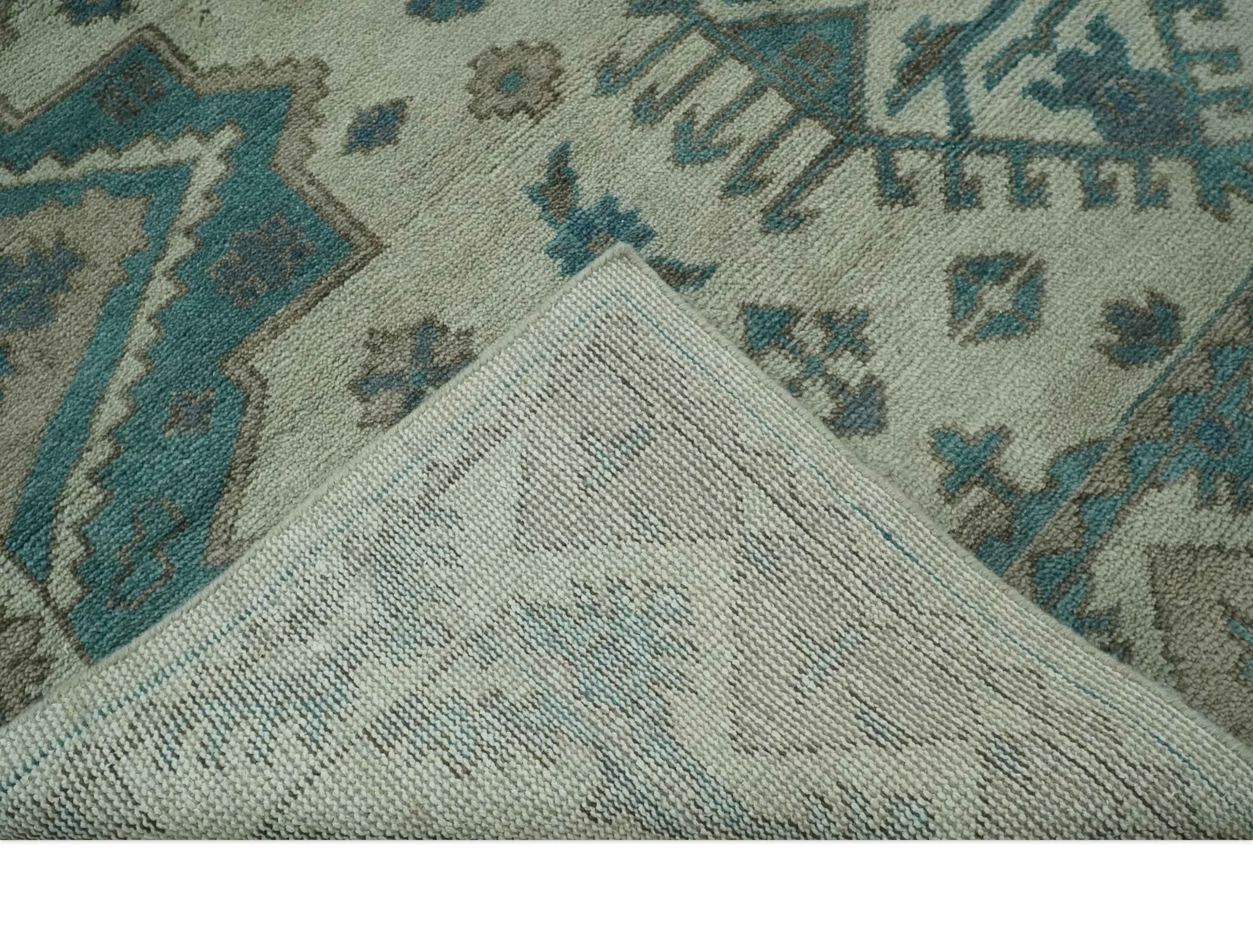 Light green, Teal and Charcoal Traditional Hand Knotted Custom Made wool Area Rug - Image 8
