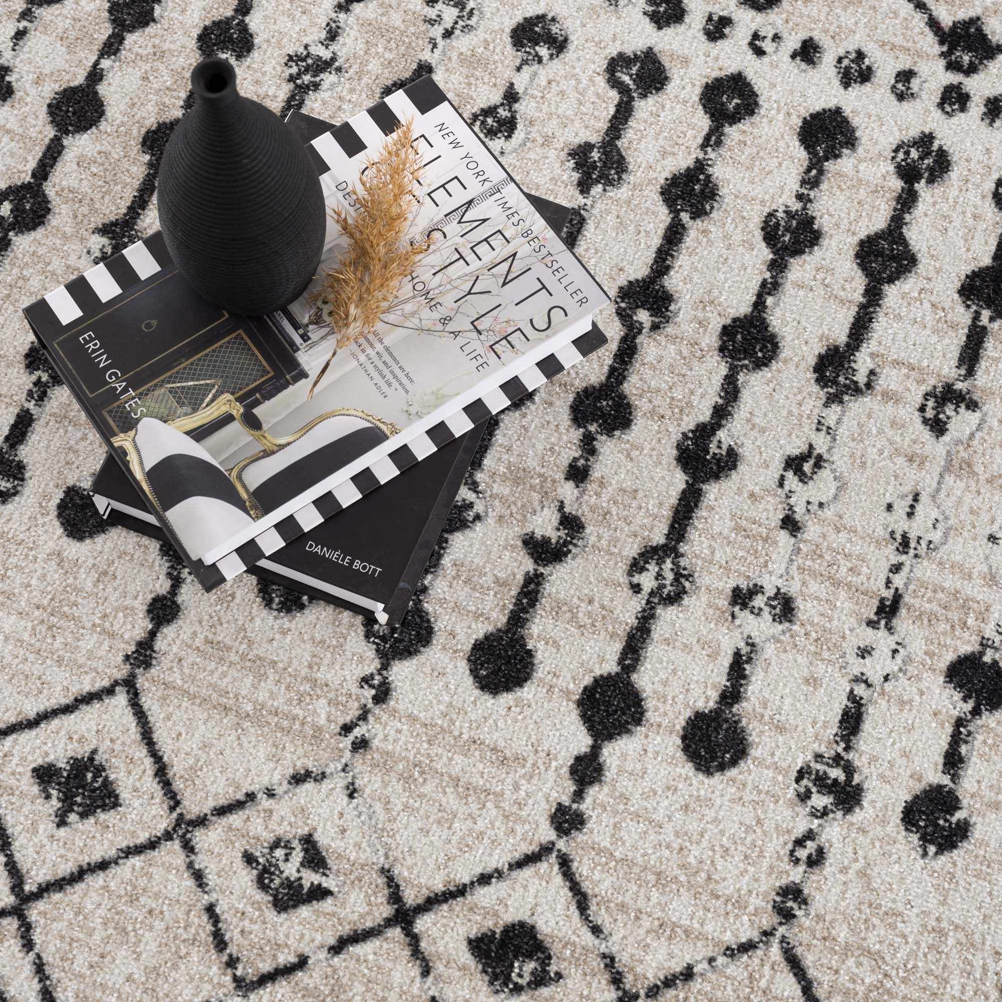 Machine Woven Light Peach and Black Moroccan Pattern Machine Washable Rug - Image 12