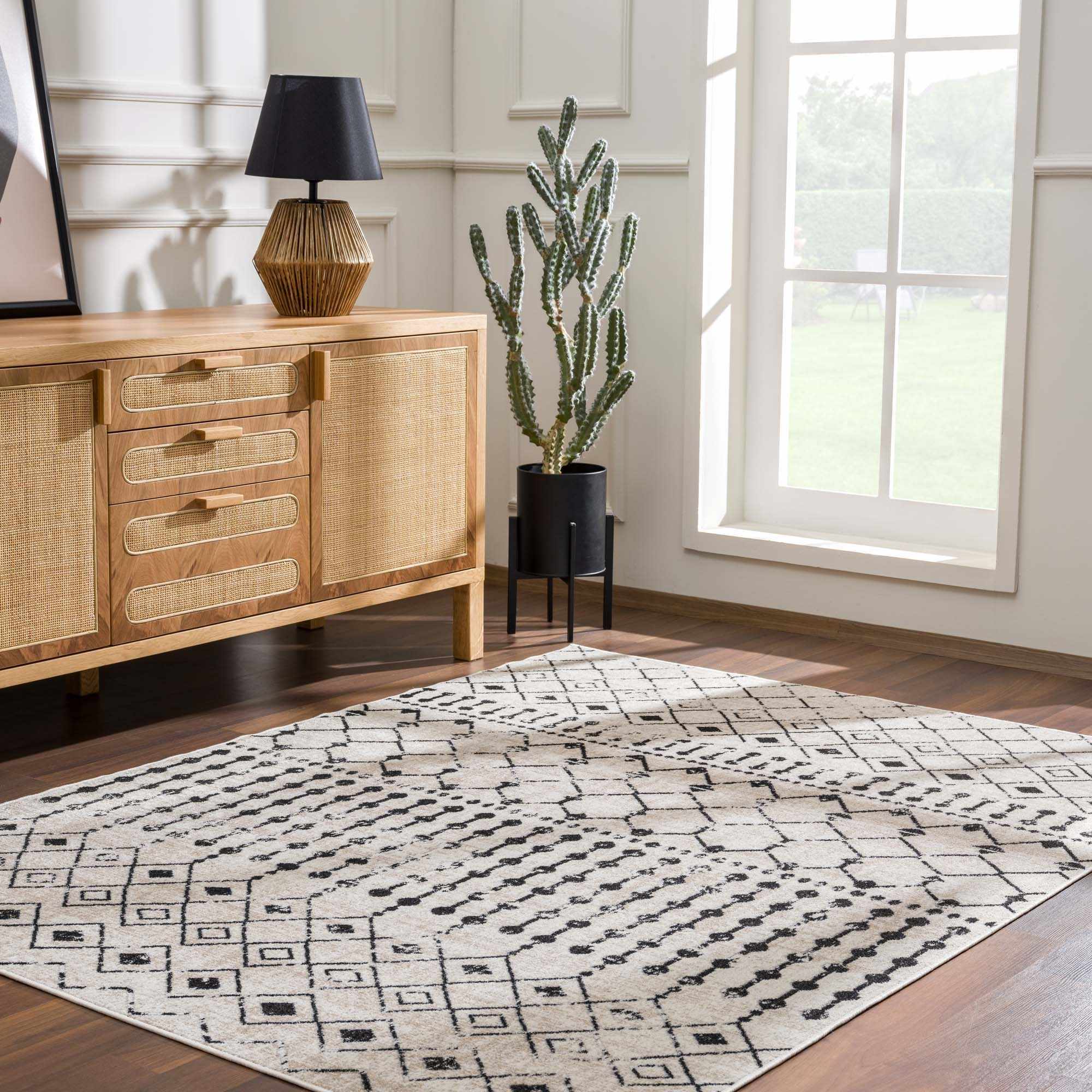 Machine Woven Light Peach and Black Moroccan Pattern Machine Washable Rug - Image 13