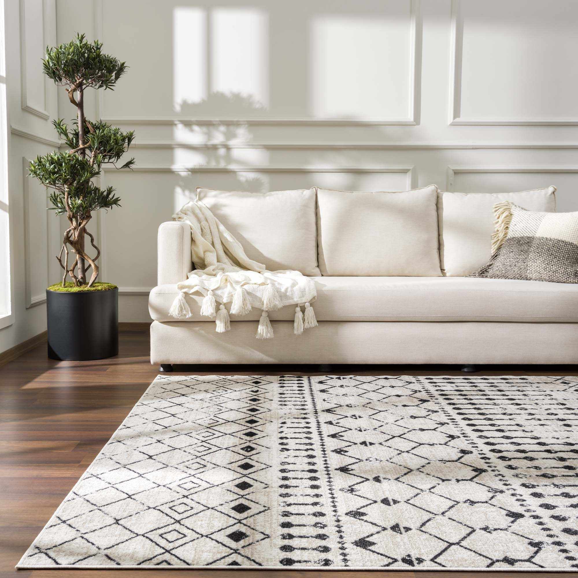 Machine Woven Light Peach and Black Moroccan Pattern Machine Washable Rug - Image 14