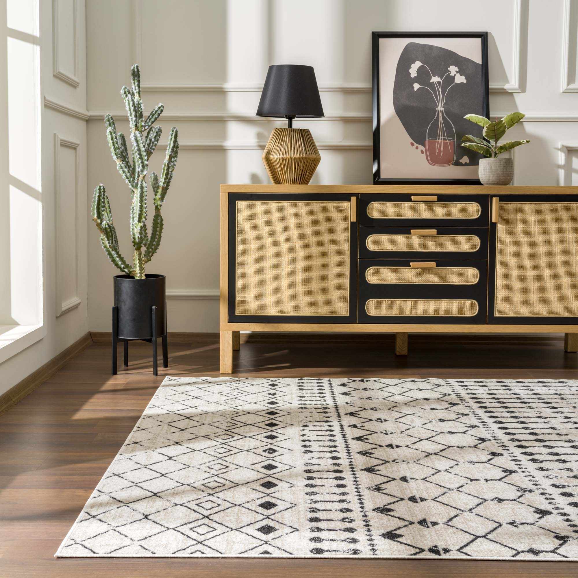 Machine Woven Light Peach and Black Moroccan Pattern Machine Washable Rug - Image 15