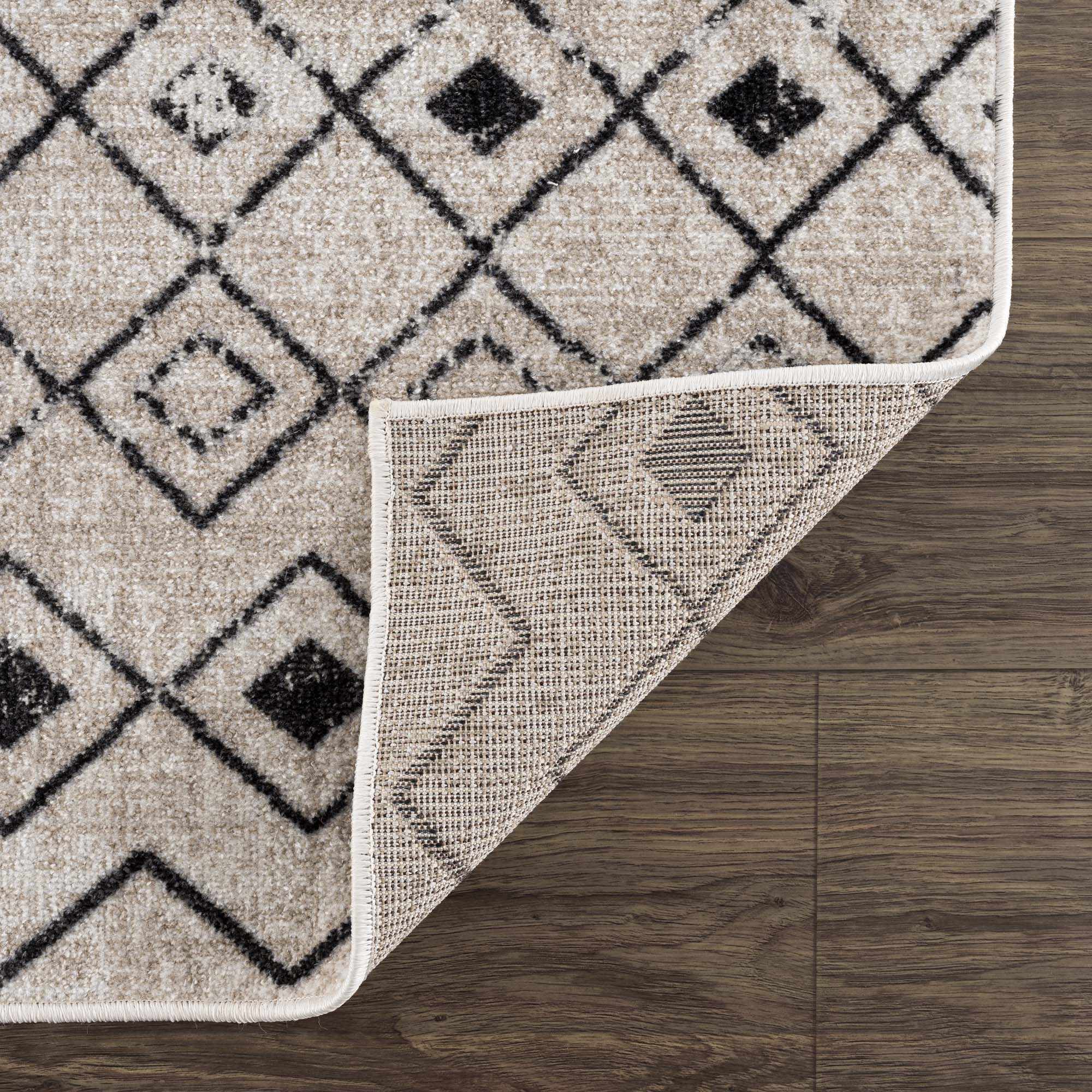Machine Woven Light Peach and Black Moroccan Pattern Machine Washable Rug - Image 5