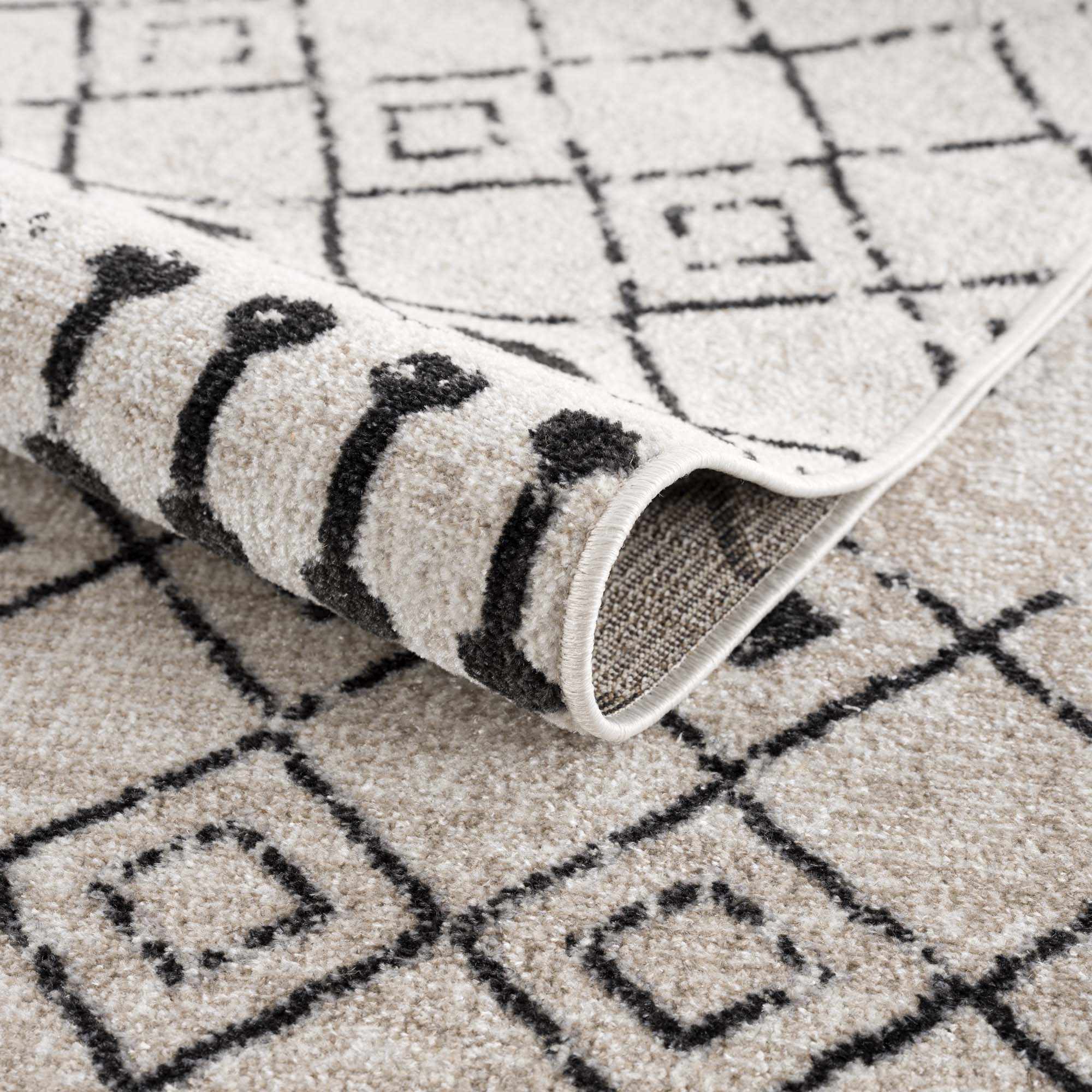Machine Woven Light Peach and Black Moroccan Pattern Machine Washable Rug - Image 6