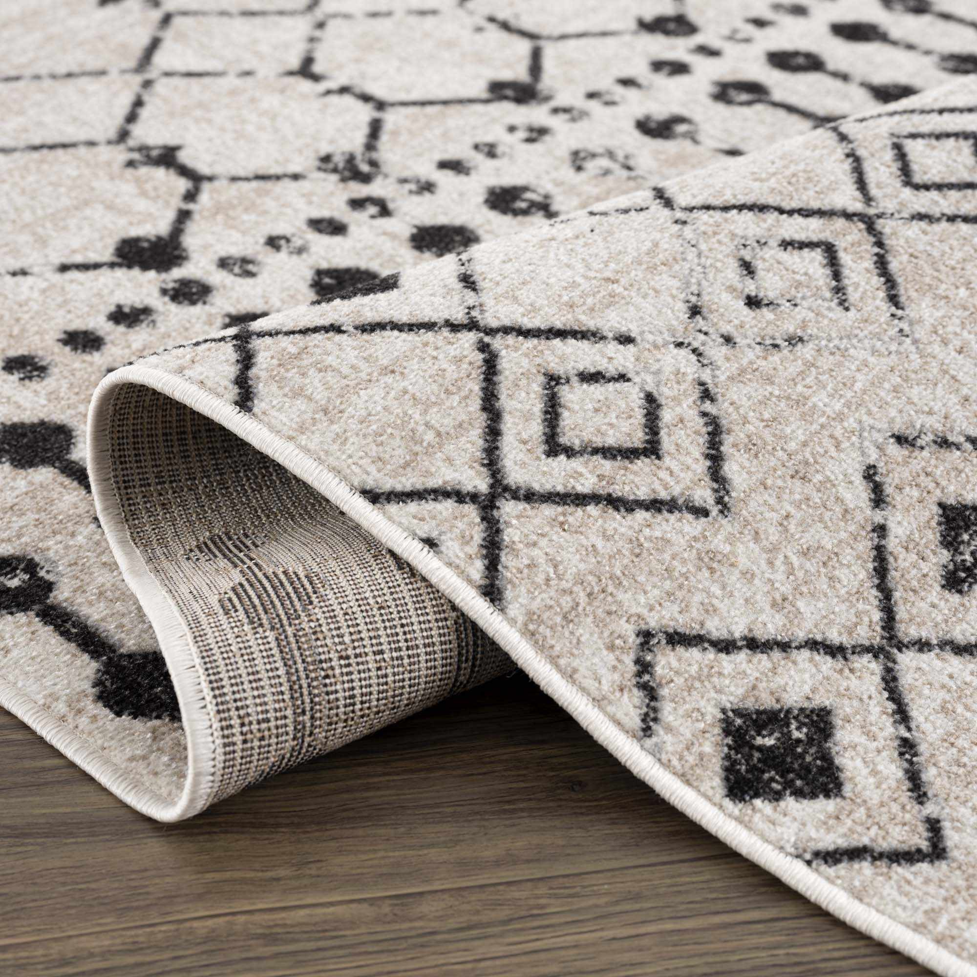 Machine Woven Light Peach and Black Moroccan Pattern Machine Washable Rug - Image 7