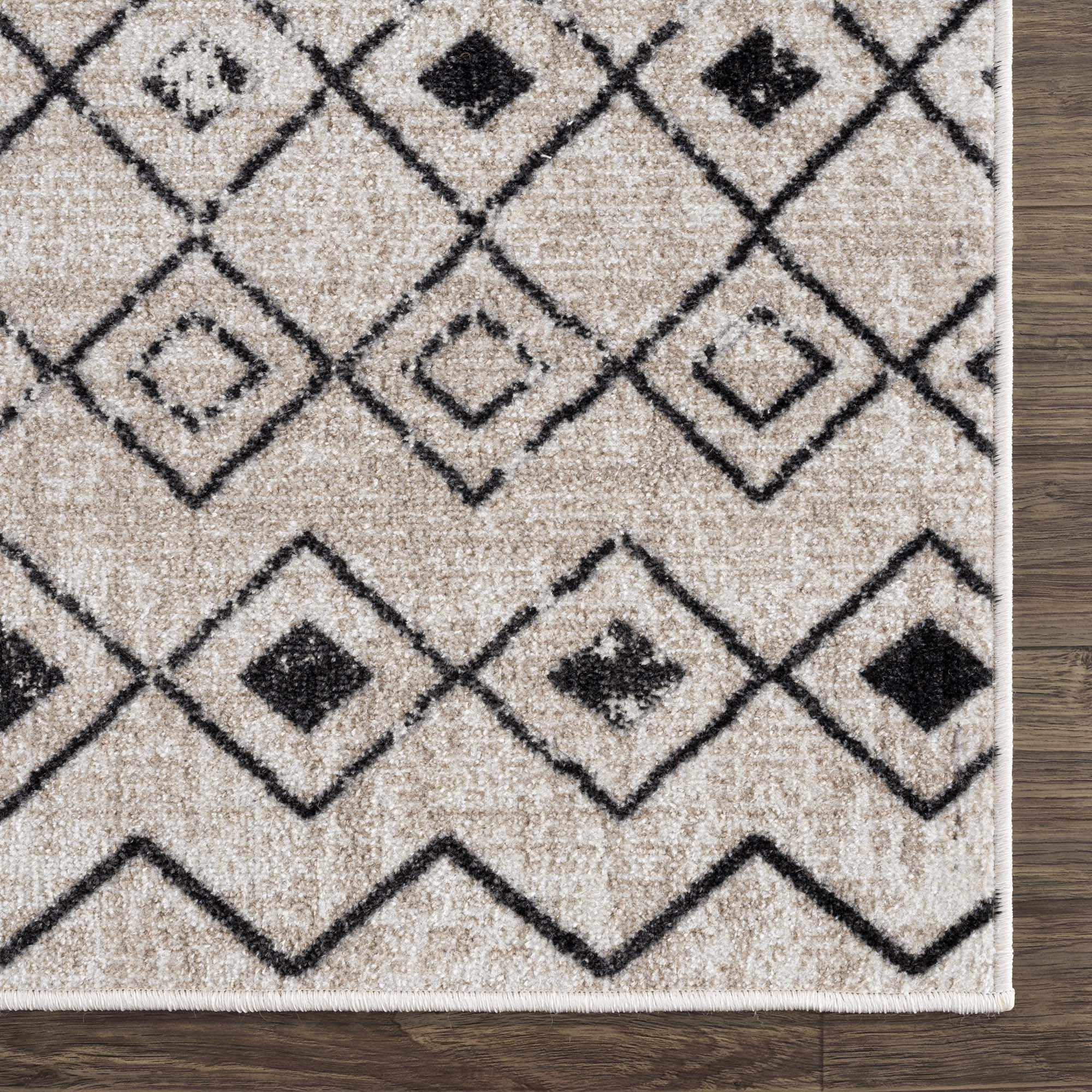 Machine Woven Light Peach and Black Moroccan Pattern Machine Washable Rug - Image 8