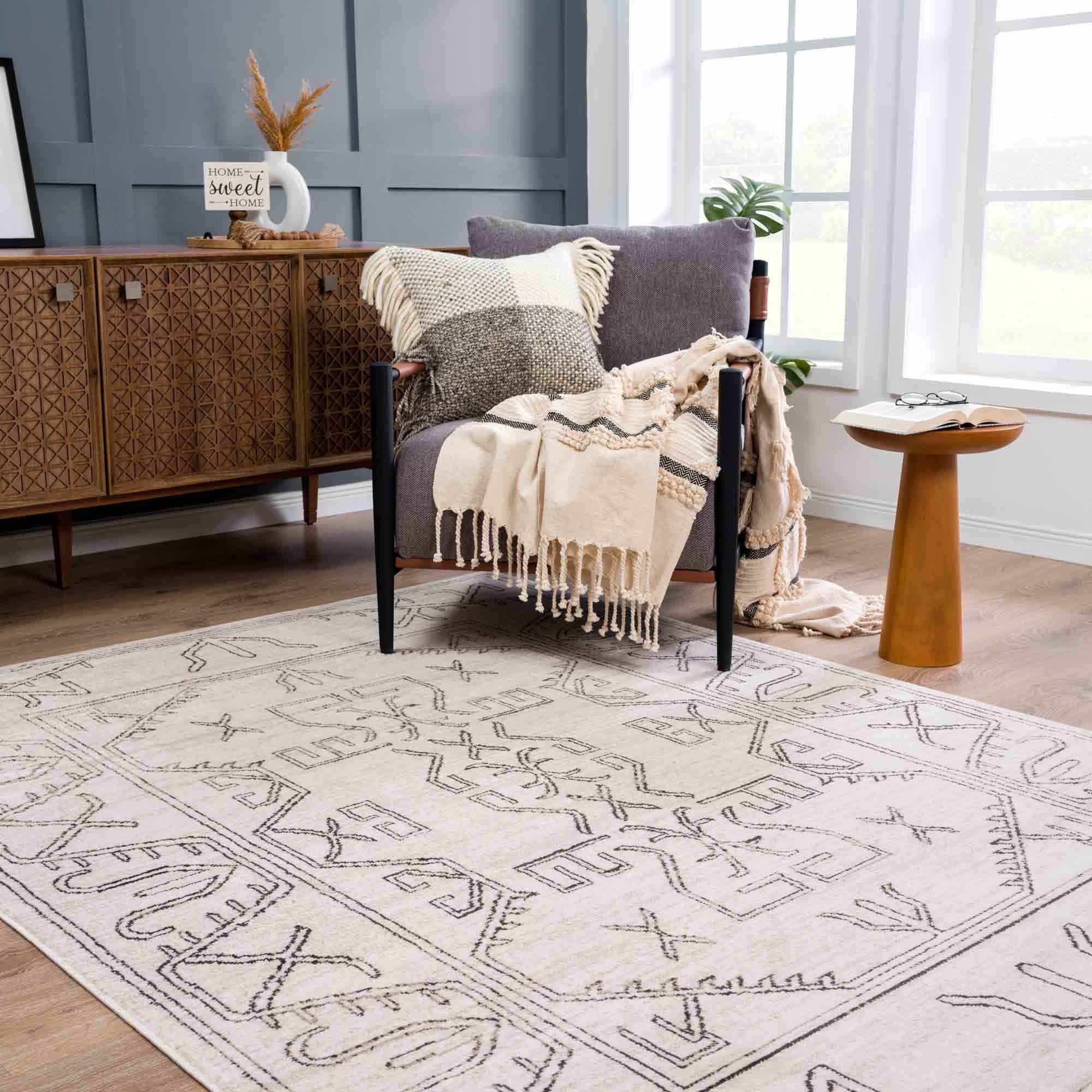 Light Peach and Charcoal Tribal Design Contemporary Area Rug - Image 2