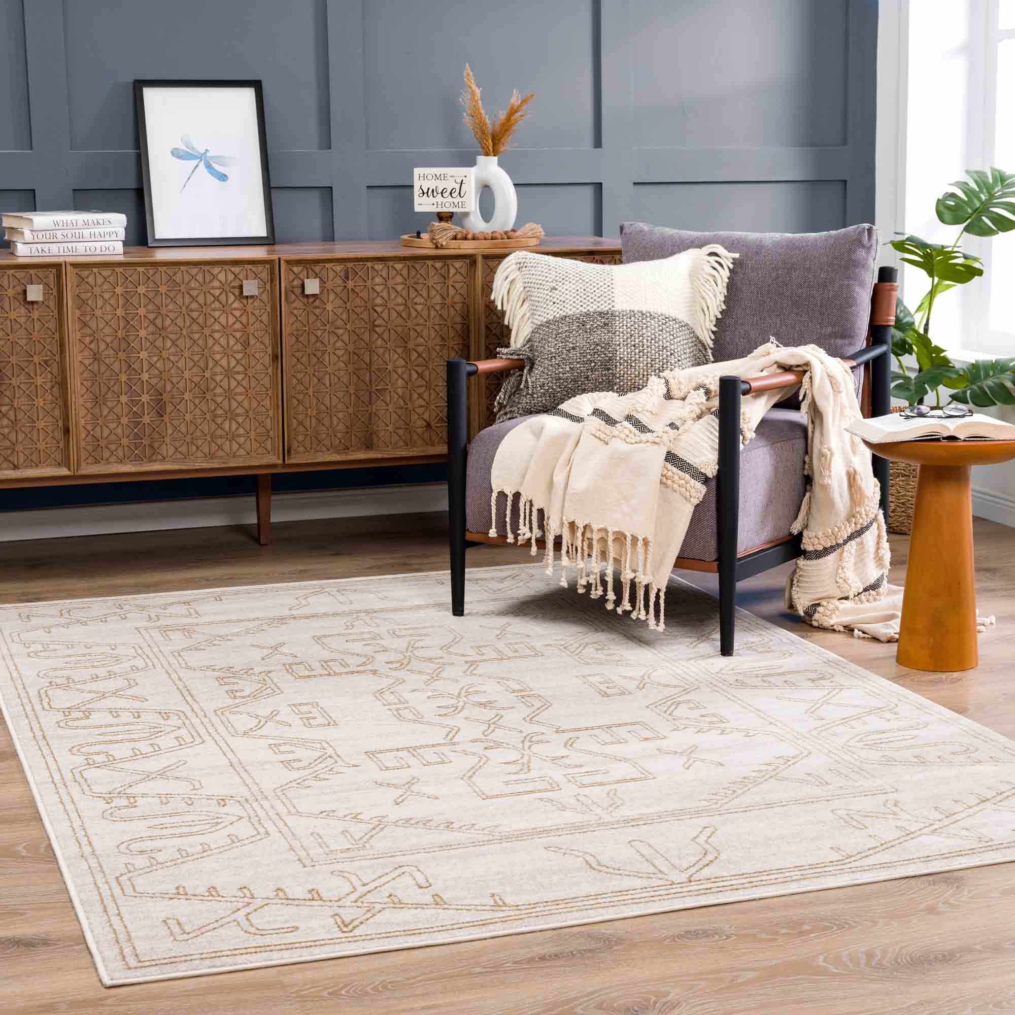 Light Peach and Gold Contemporary Tribal Design Area Rug - Image 2