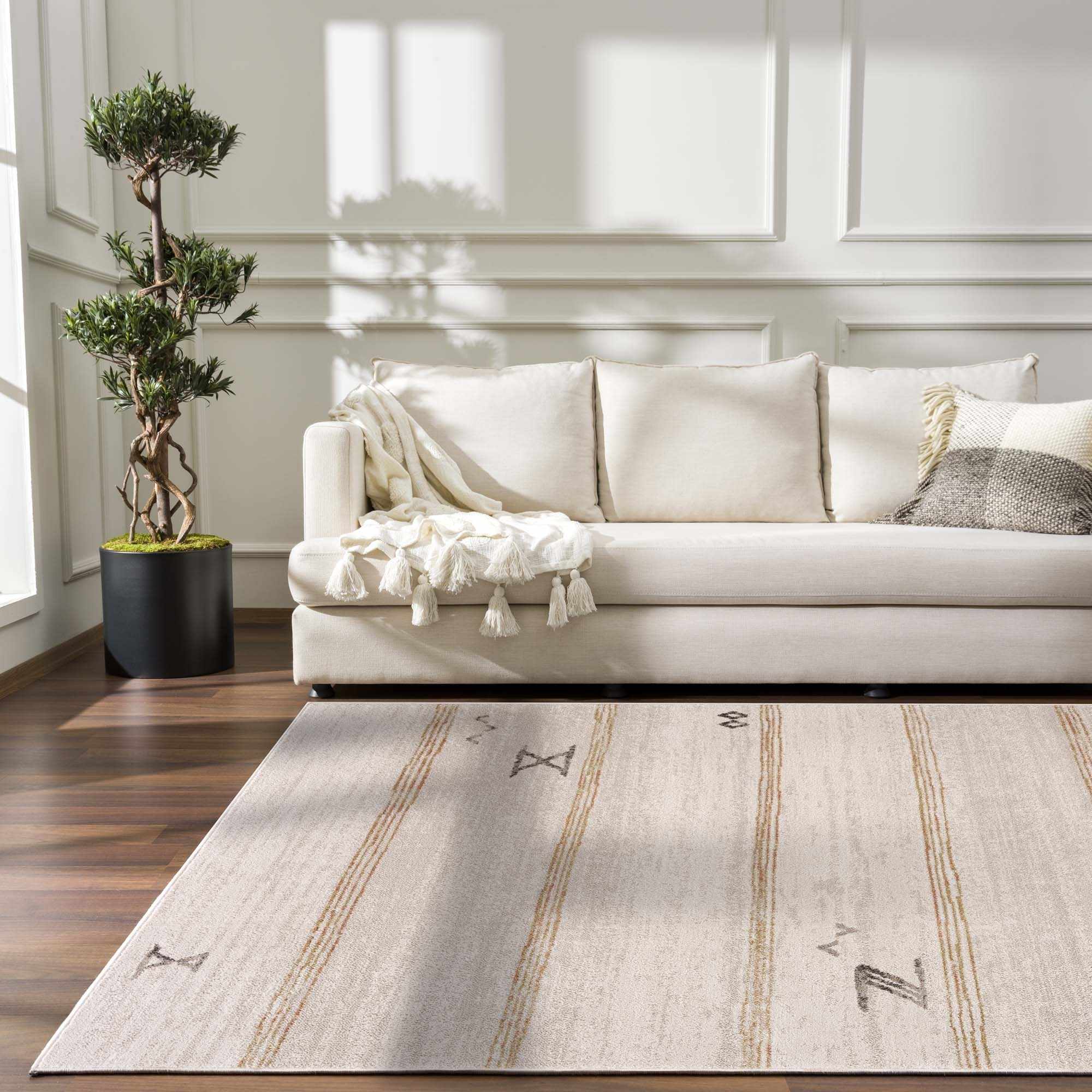 Light Peach, Gold and Charcoal Contemporary Tribal design Area Rug - Image 12
