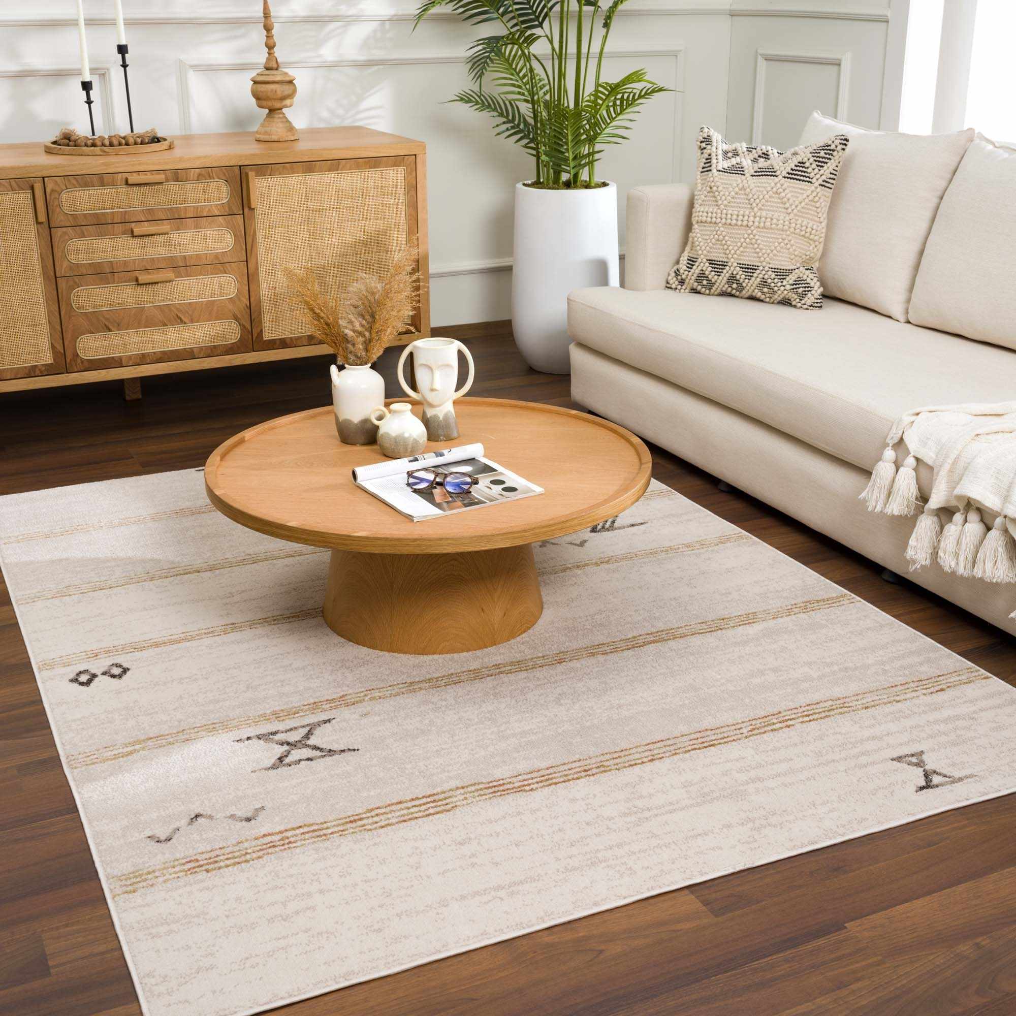 Light Peach, Gold and Charcoal Contemporary Tribal design Area Rug - Image 13