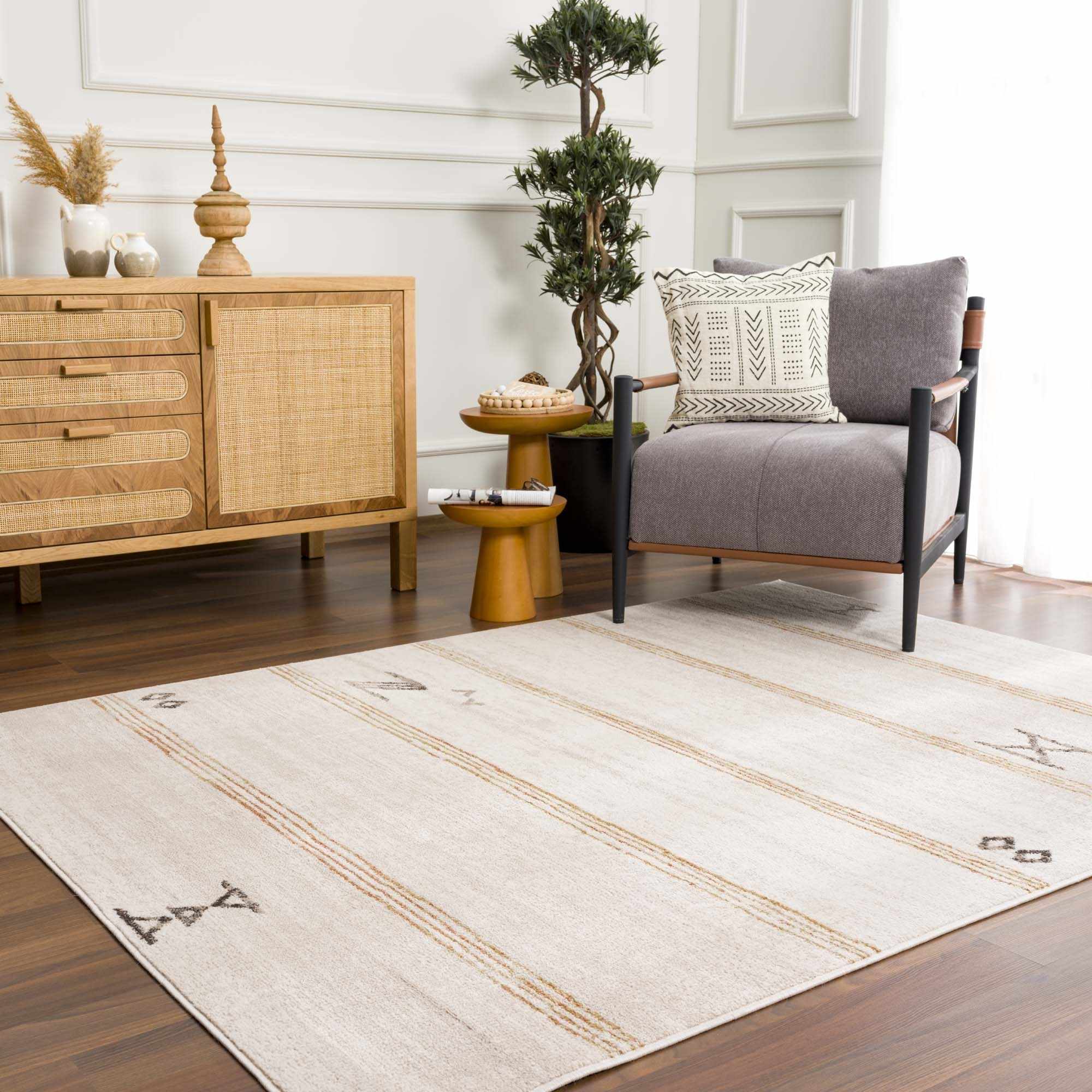 Light Peach, Gold and Charcoal Contemporary Tribal design Area Rug - Image 14