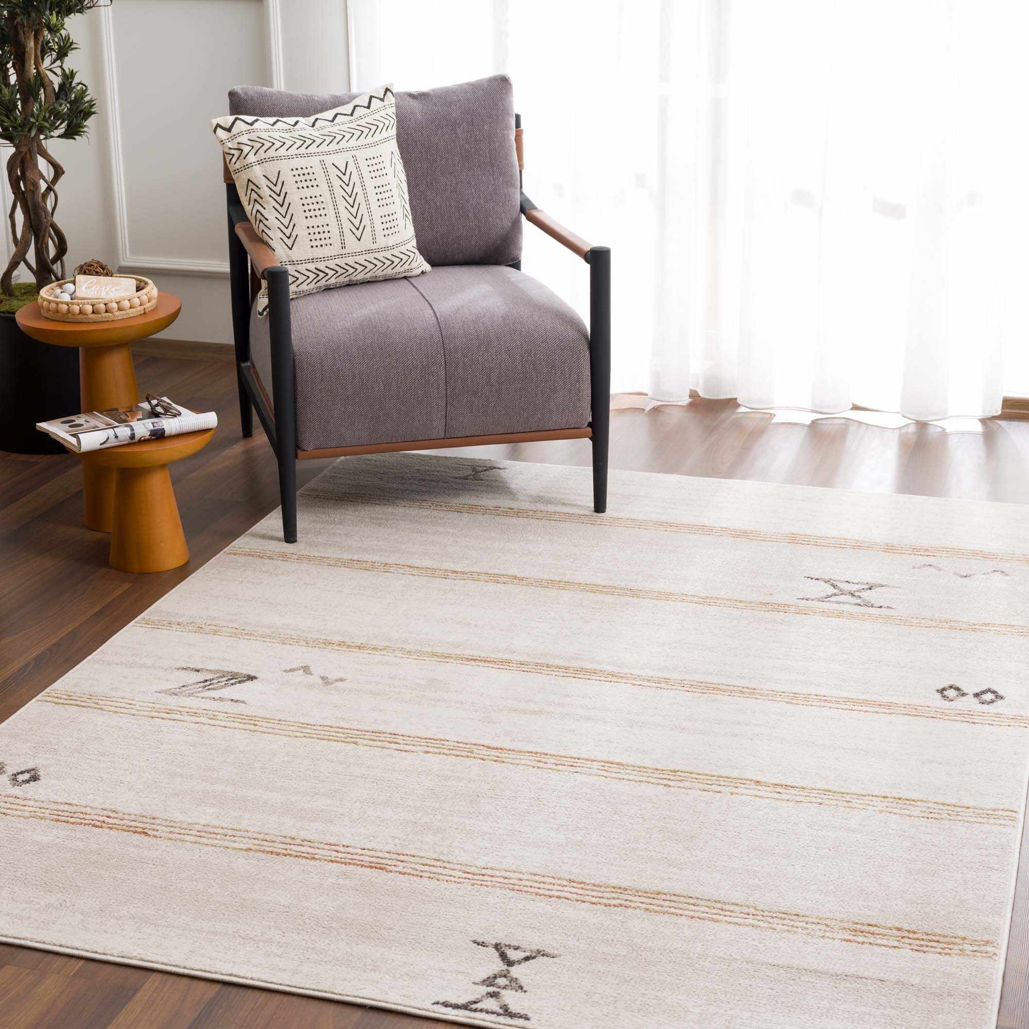 Light Peach, Gold and Charcoal Contemporary Tribal design Area Rug - Image 2
