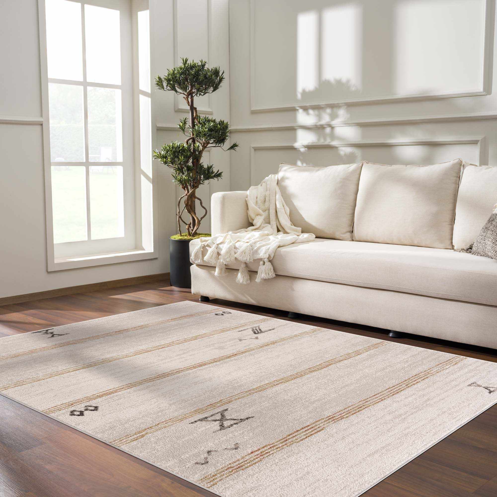 Light Peach, Gold and Charcoal Contemporary Tribal design Area Rug - Image 3