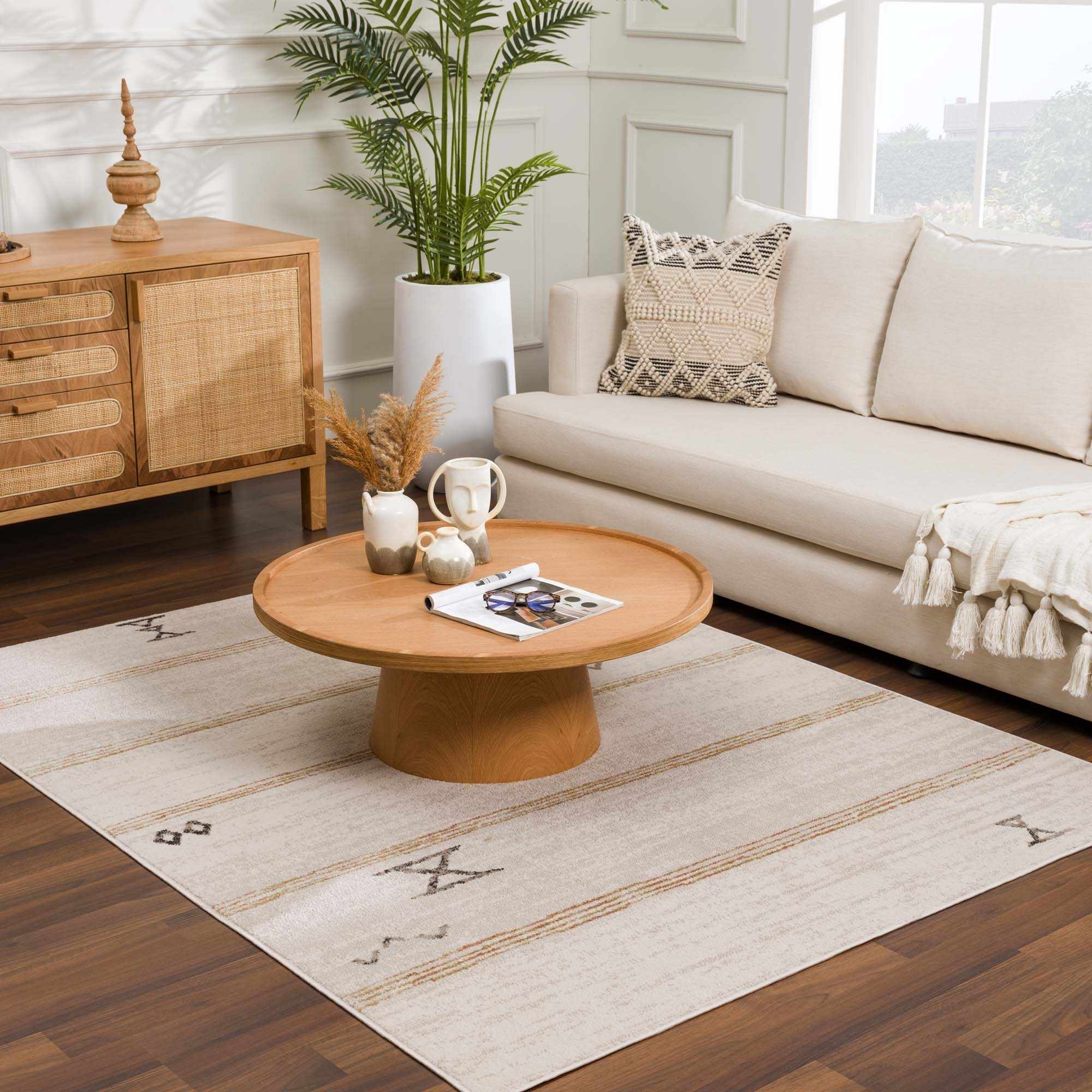 Light Peach, Gold and Charcoal Contemporary Tribal design Area Rug - Image 4
