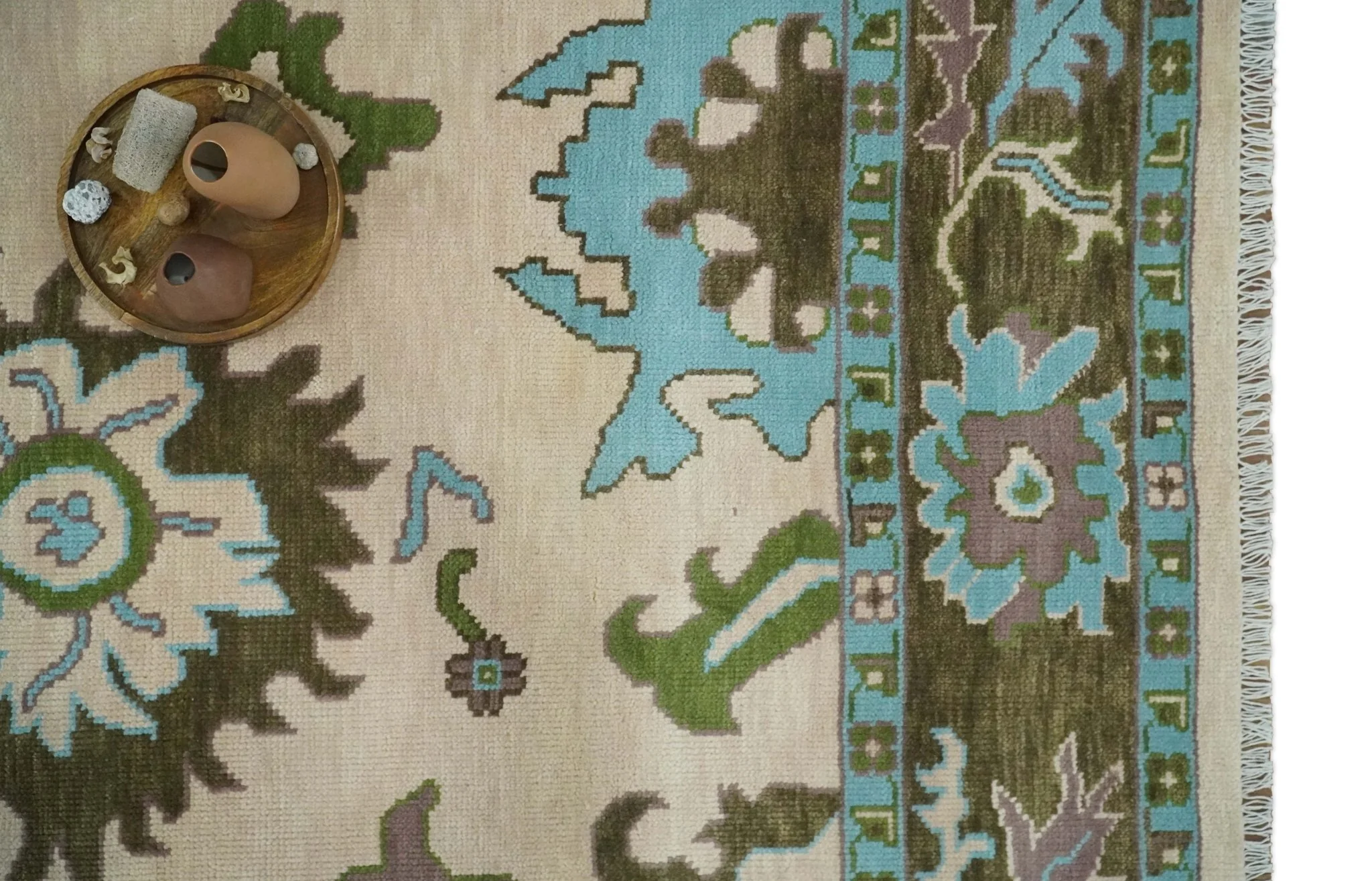 Light Peach, Green and Aqua Hand knotted Traditional Oushak Multi size wool Area Rug - Image 10