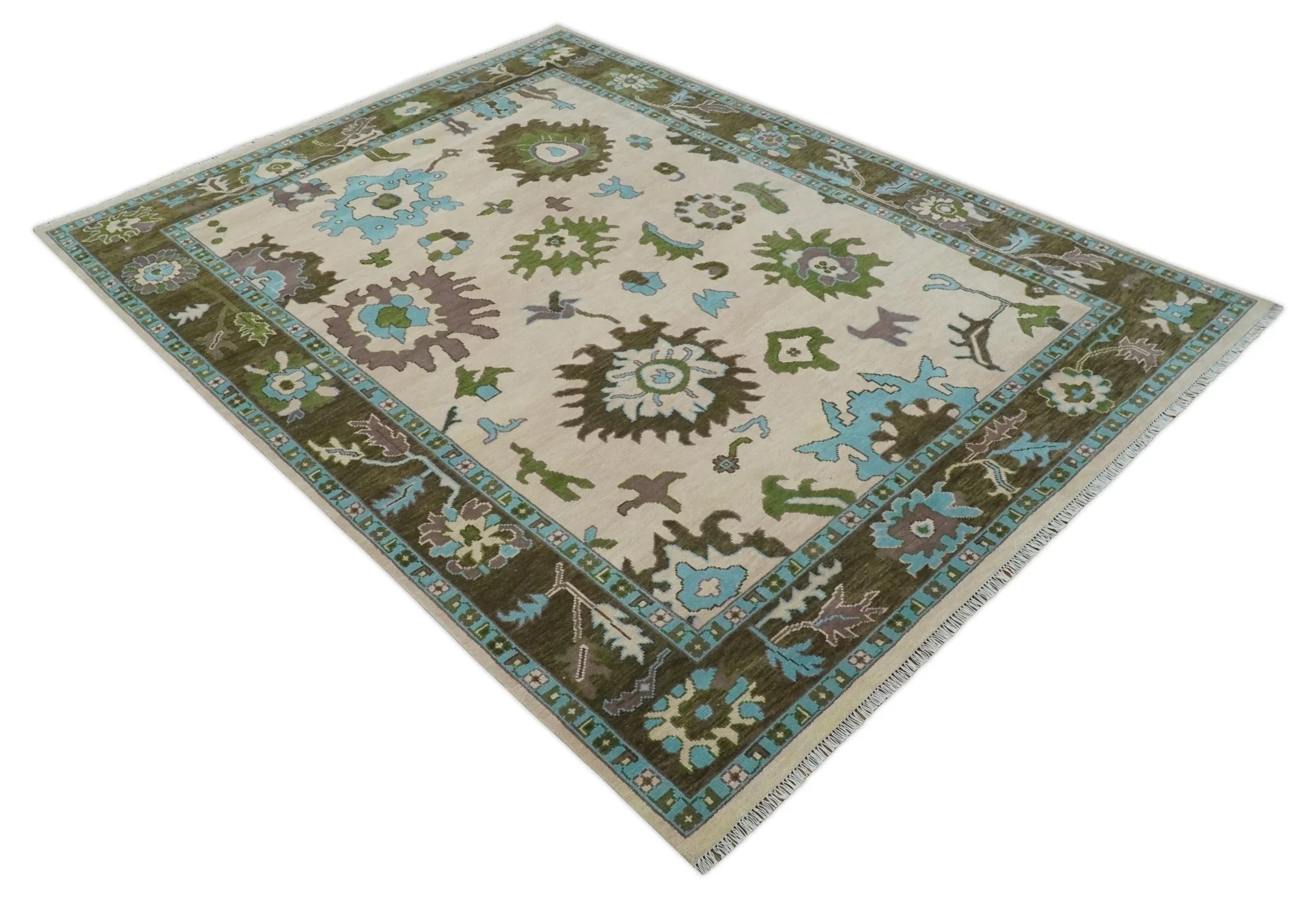 Light Peach, Green and Aqua Hand knotted Traditional Oushak Multi size wool Area Rug - Image 12