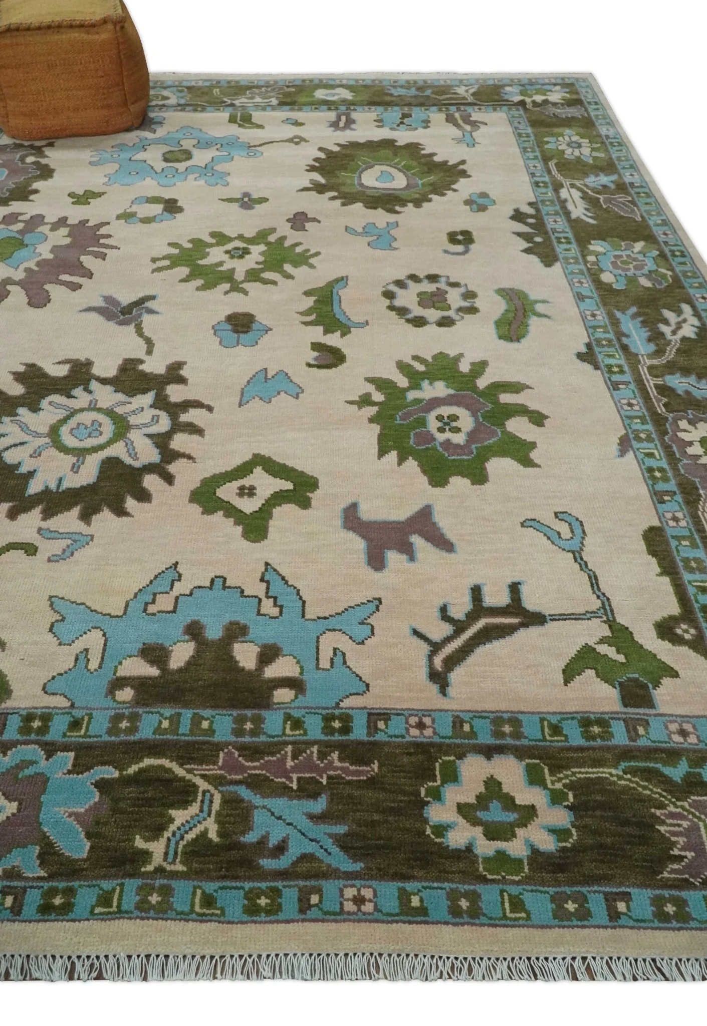 Light Peach, Green and Aqua Hand knotted Traditional Oushak Multi size wool Area Rug - Image 3