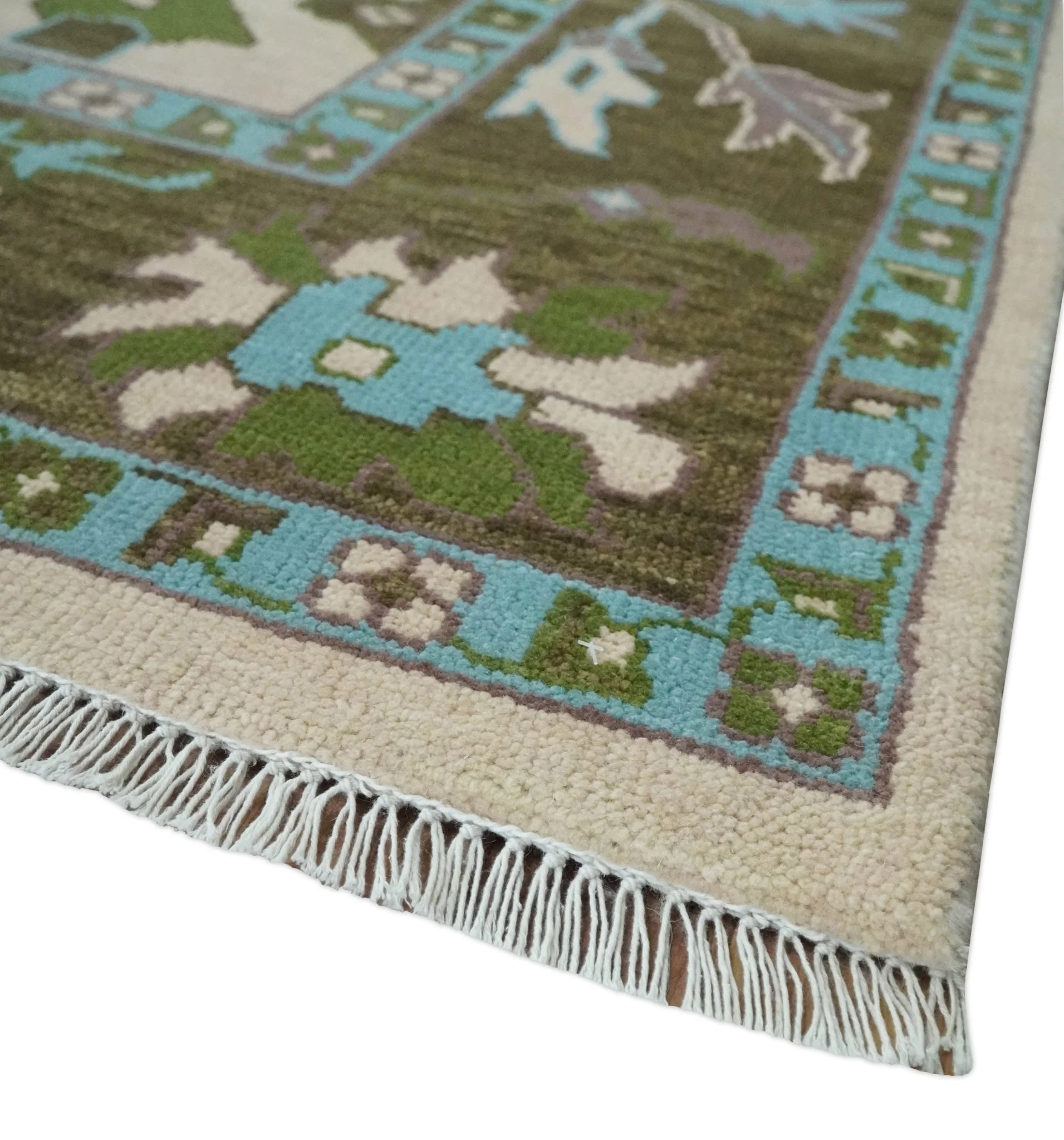 Light Peach, Green and Aqua Hand knotted Traditional Oushak Multi size wool Area Rug - Image 5