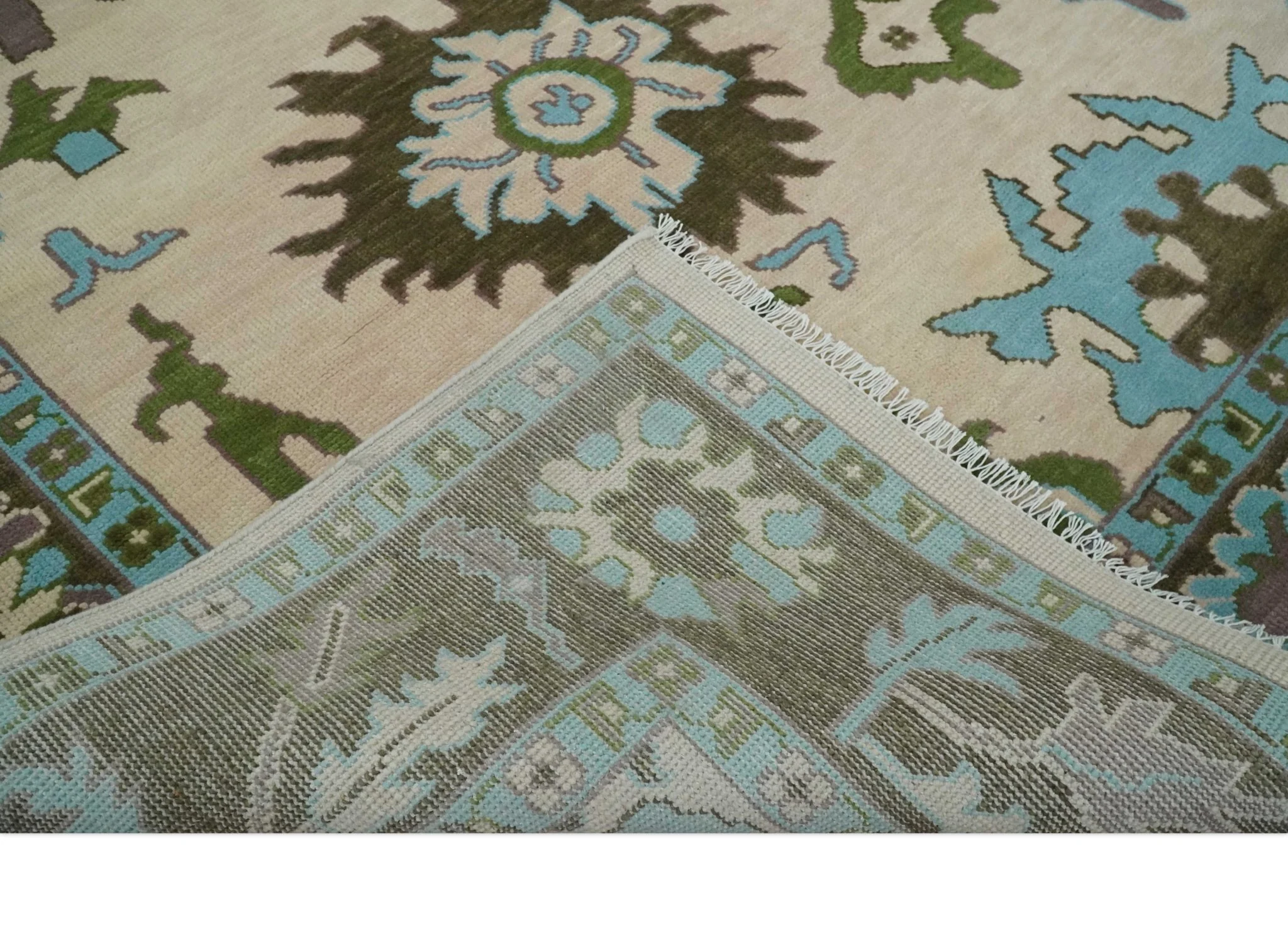 Light Peach, Green and Aqua Hand knotted Traditional Oushak Multi size wool Area Rug - Image 7