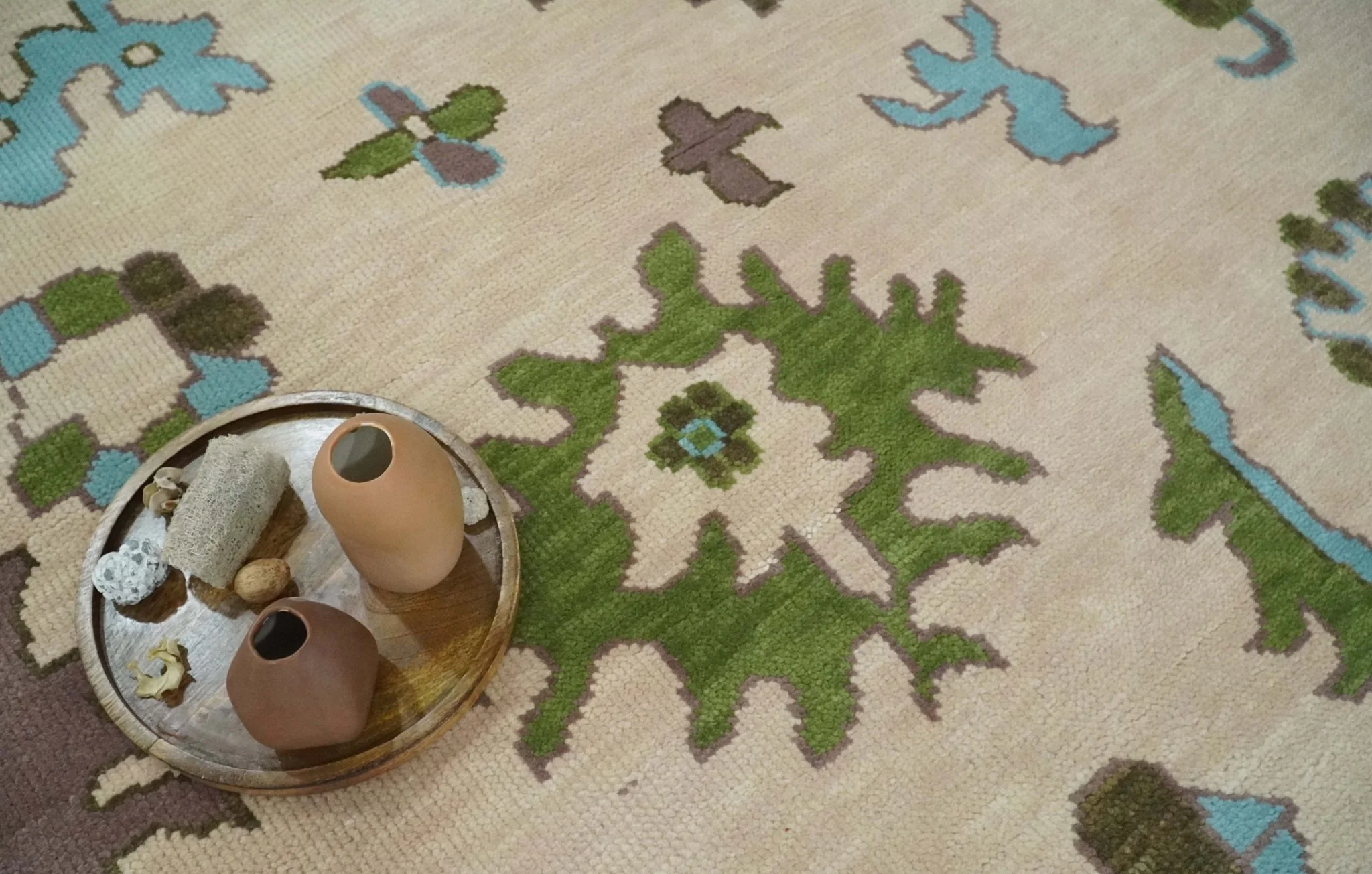Light Peach, Green and Aqua Hand knotted Traditional Oushak Multi size wool Area Rug - Image 8