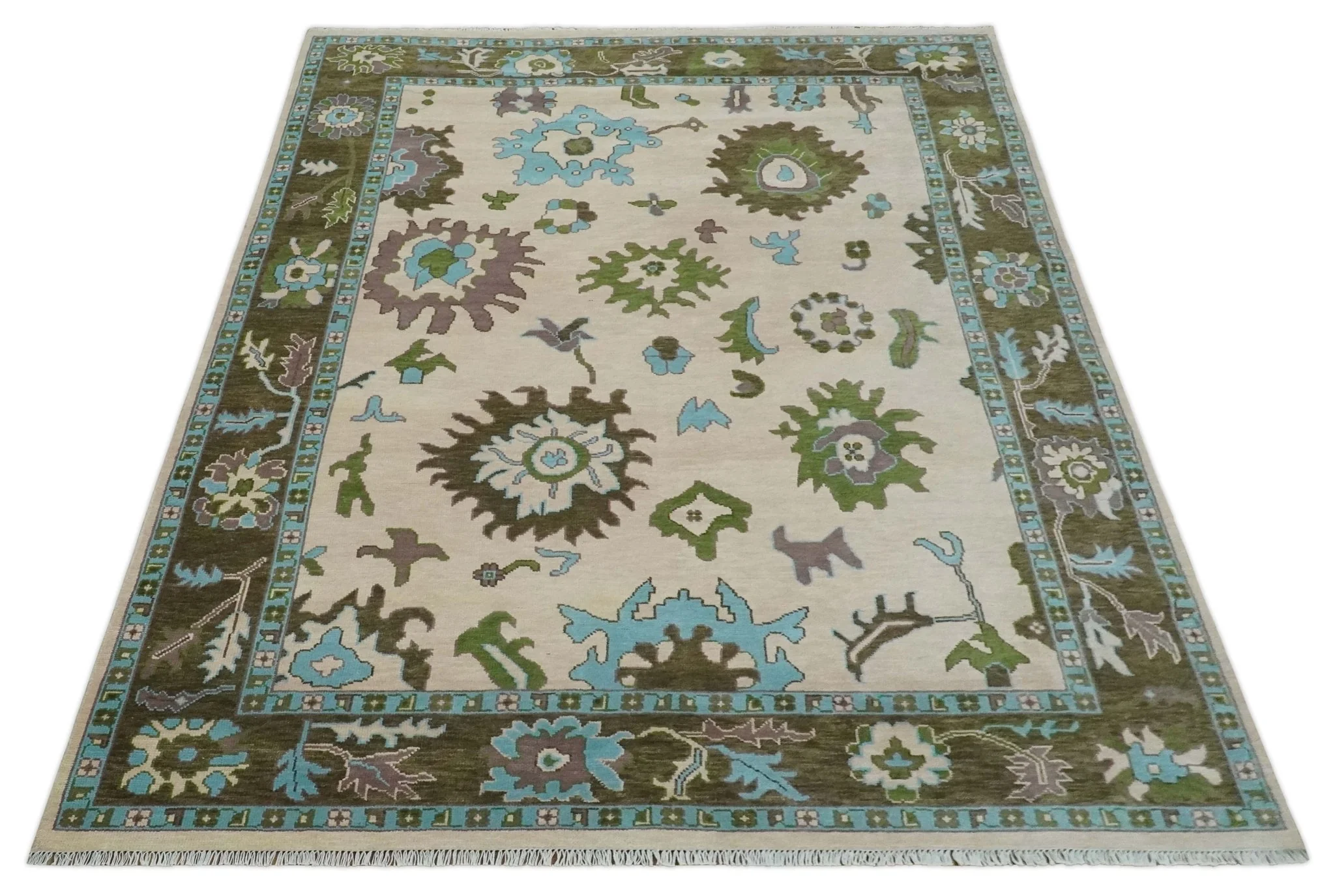 Light Peach, Green and Aqua Hand knotted Traditional Oushak 9x12 wool Area Rug - Image 10