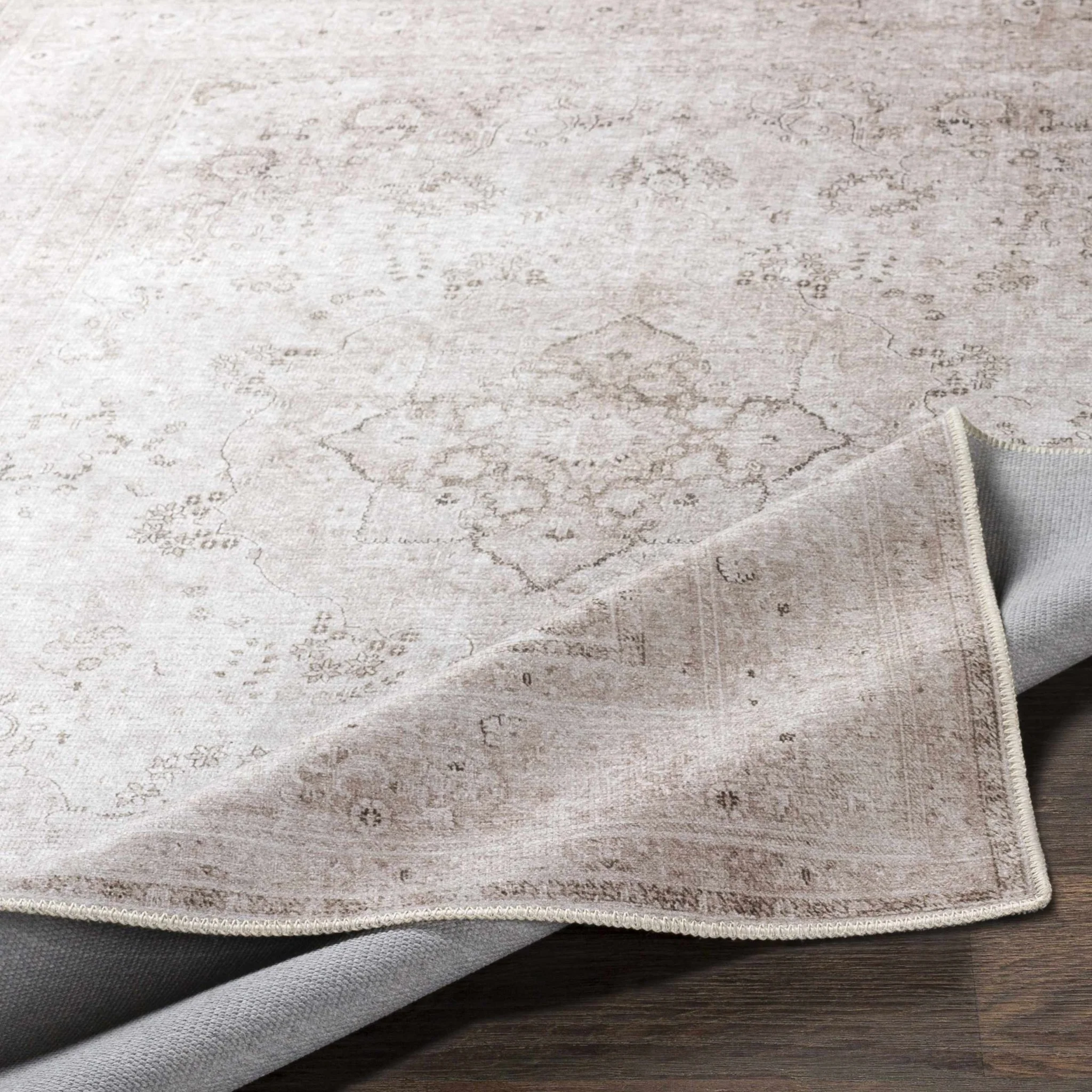 light Pink and Charcoal Traditional Medallion washable Turkish design rug - Image 15
