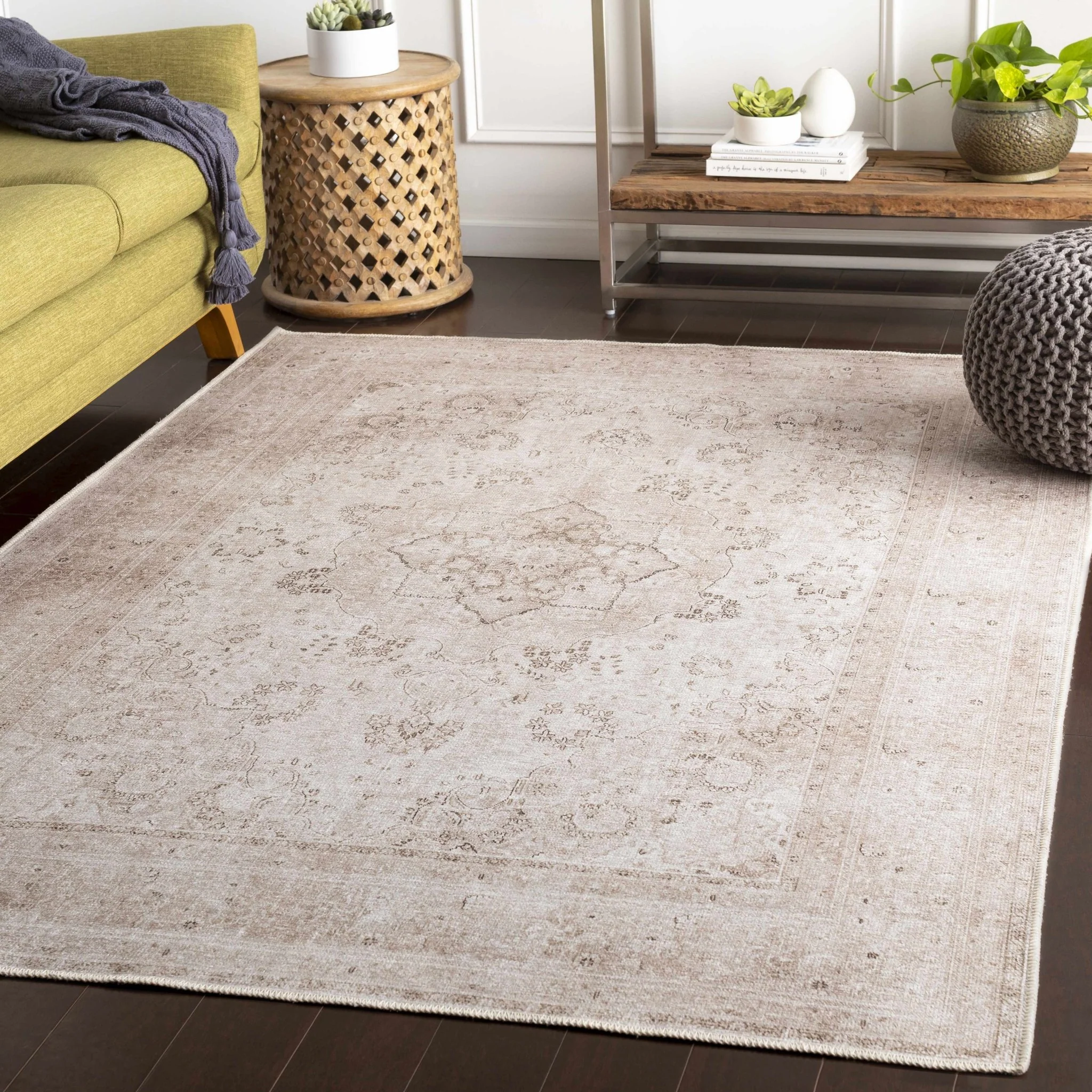 light Pink and Charcoal Traditional Medallion washable Turkish design rug - Image 2