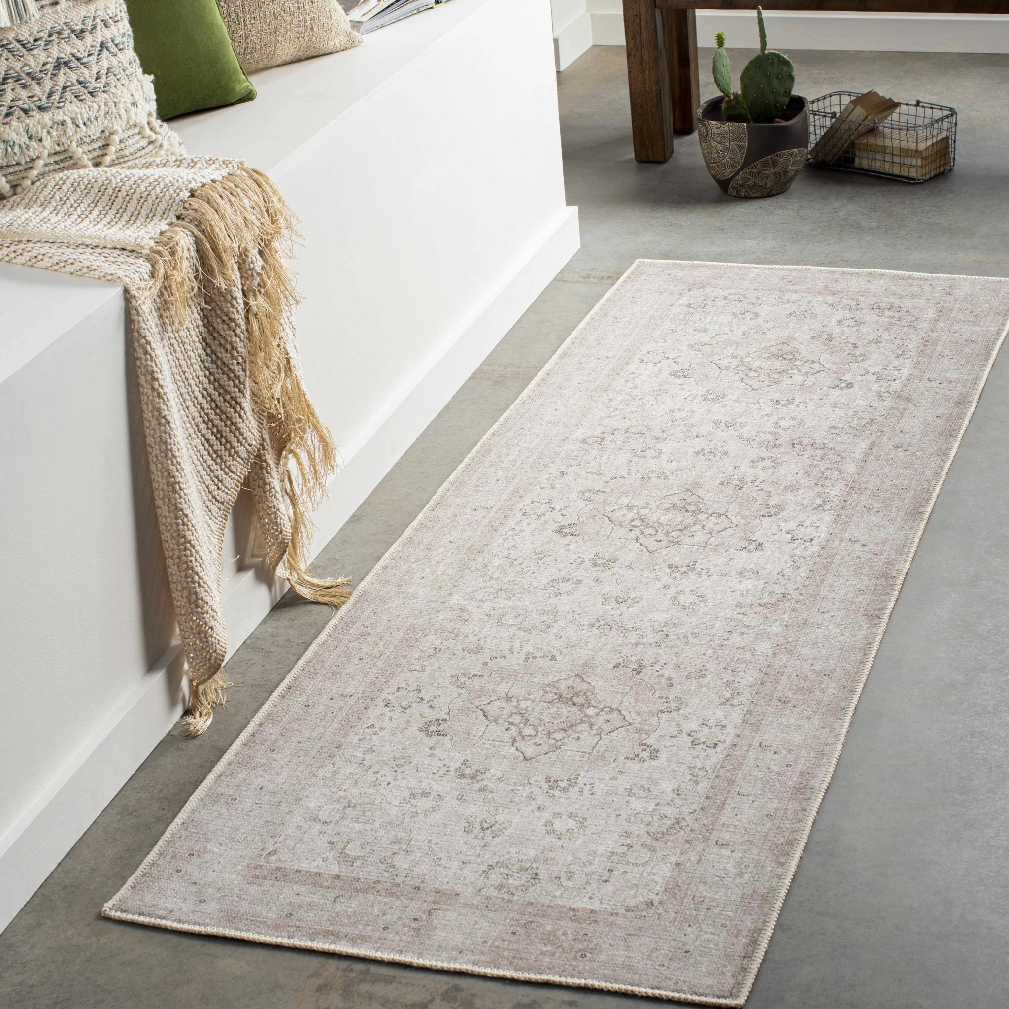 light Pink and Charcoal Traditional Medallion washable Turkish design rug - Image 20