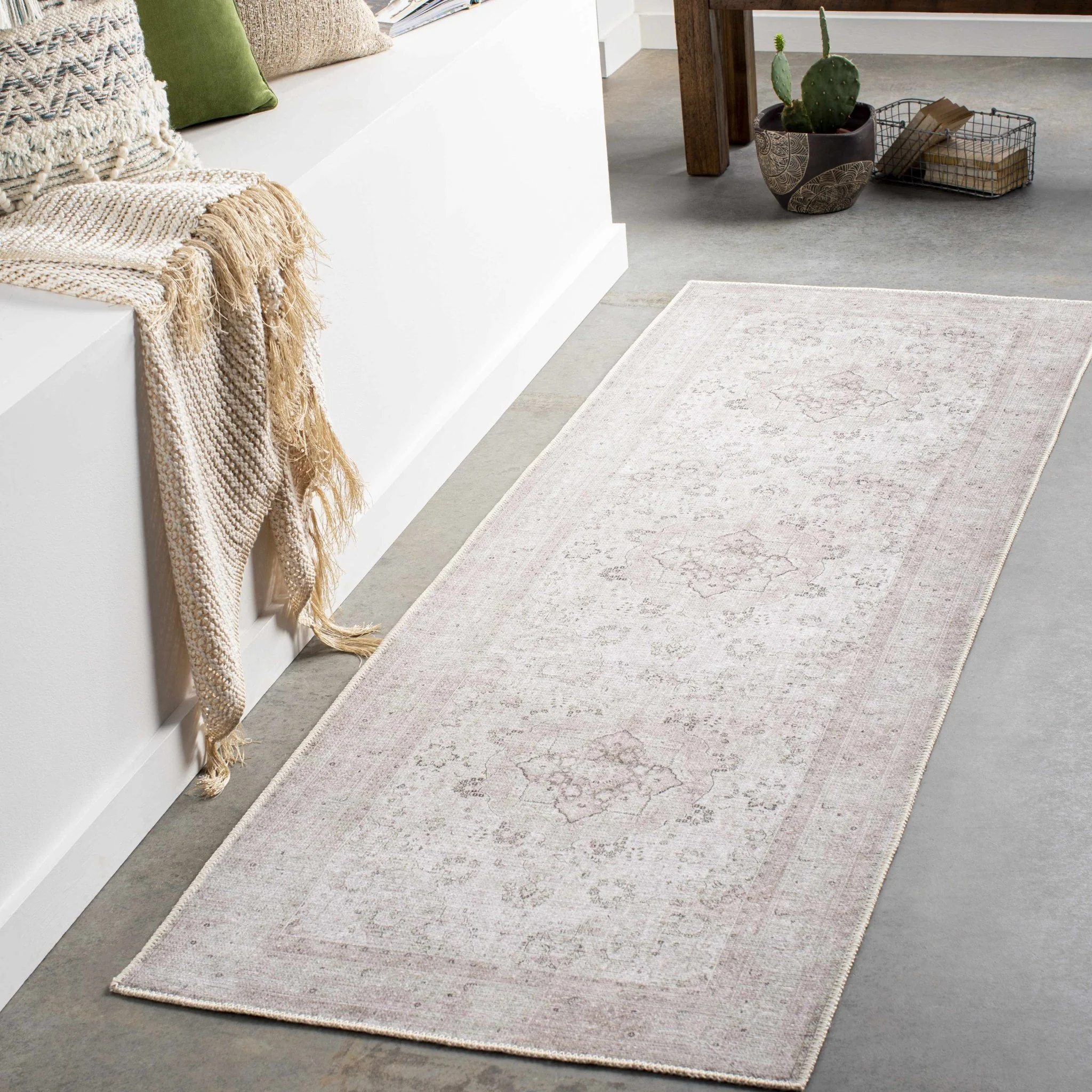 light Pink and Charcoal Traditional Medallion washable Turkish design rug - Image 8