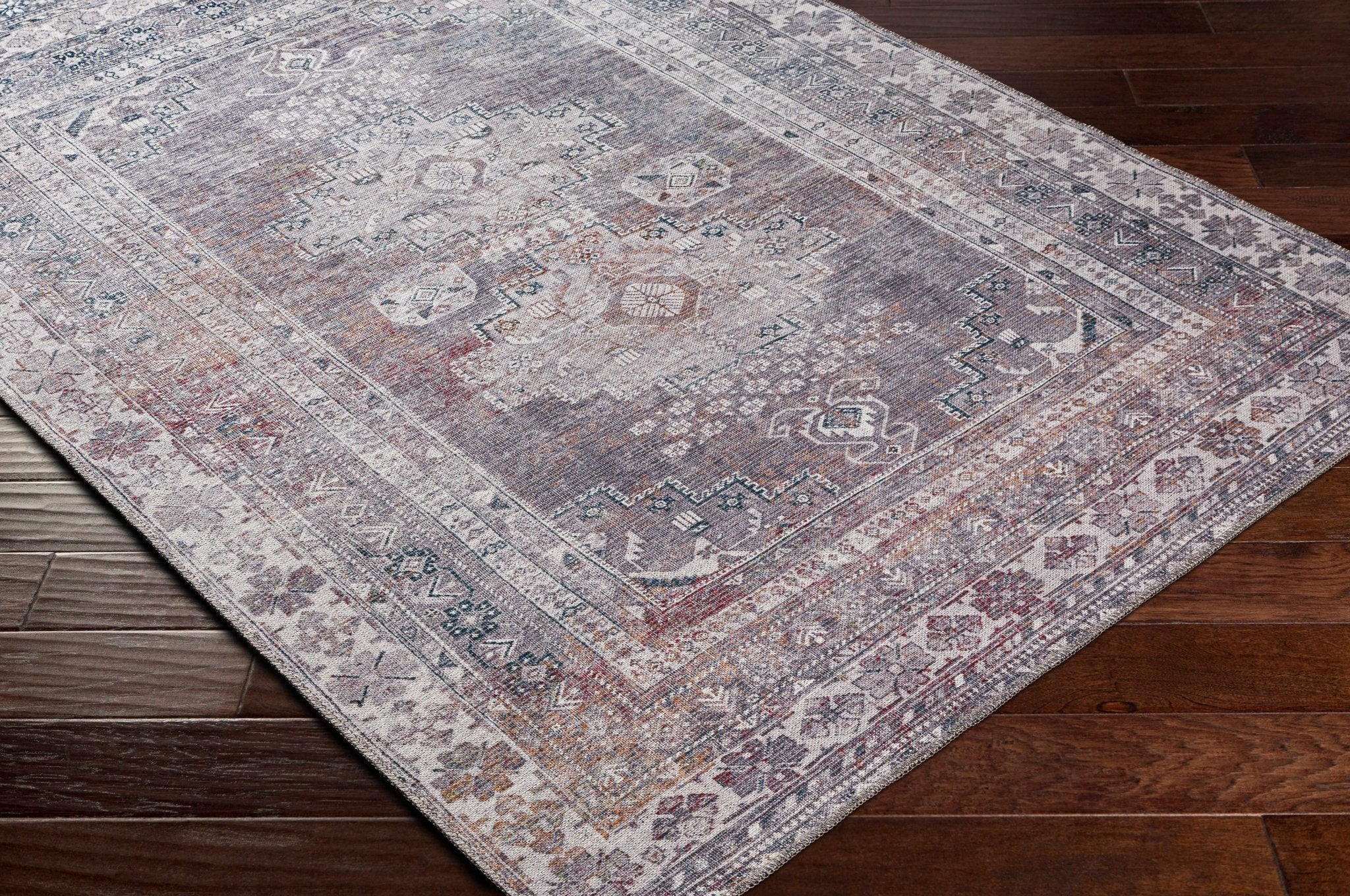 Antique Style Light Purple, Teal, Rust and Ivory Traditional Heriz Washable Area Rug - Image 10