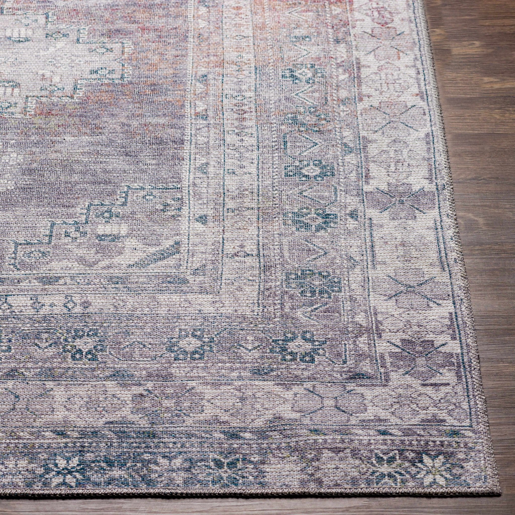 Antique Style Light Purple, Teal, Rust and Ivory Traditional Heriz Washable Area Rug - Image 11