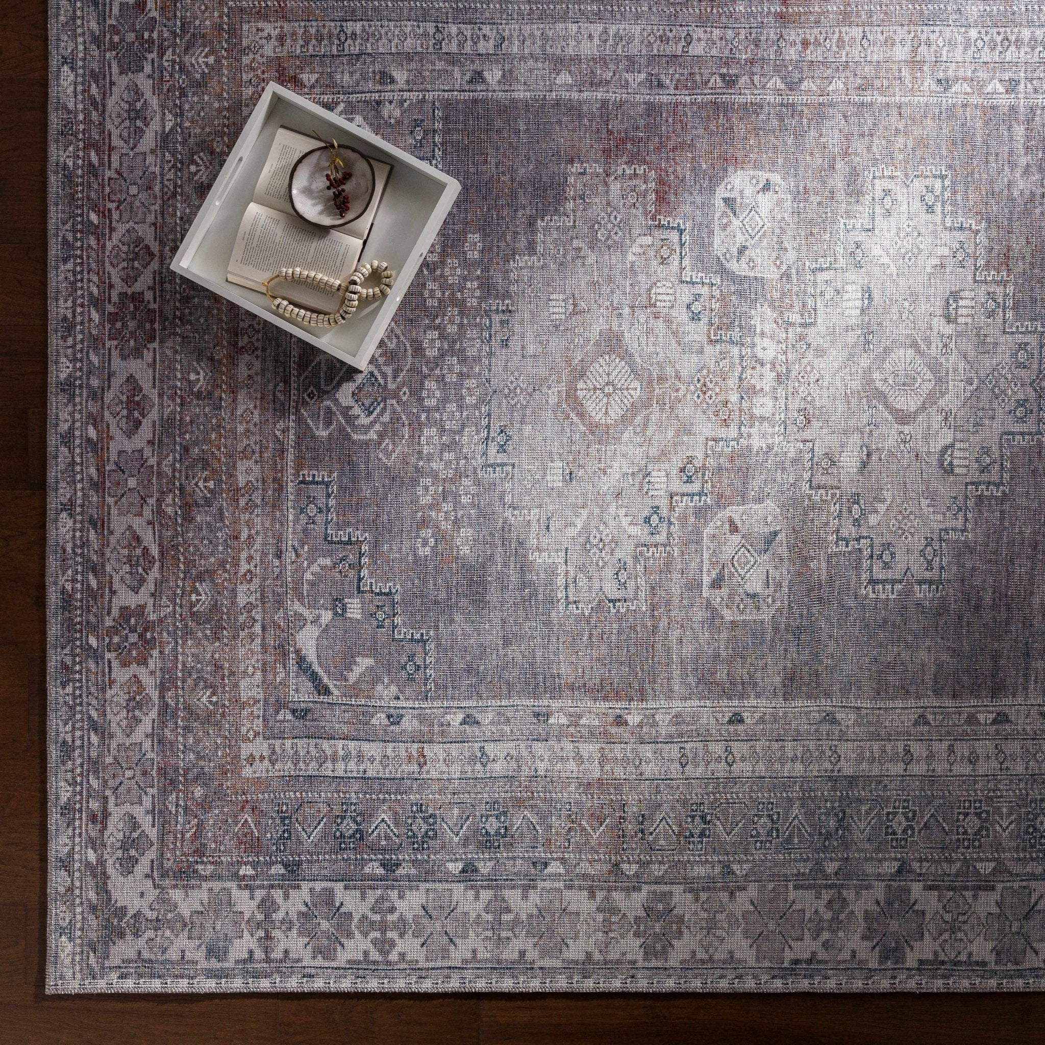 Antique Style Light Purple, Teal, Rust and Ivory Traditional Heriz Washable Area Rug - Image 2