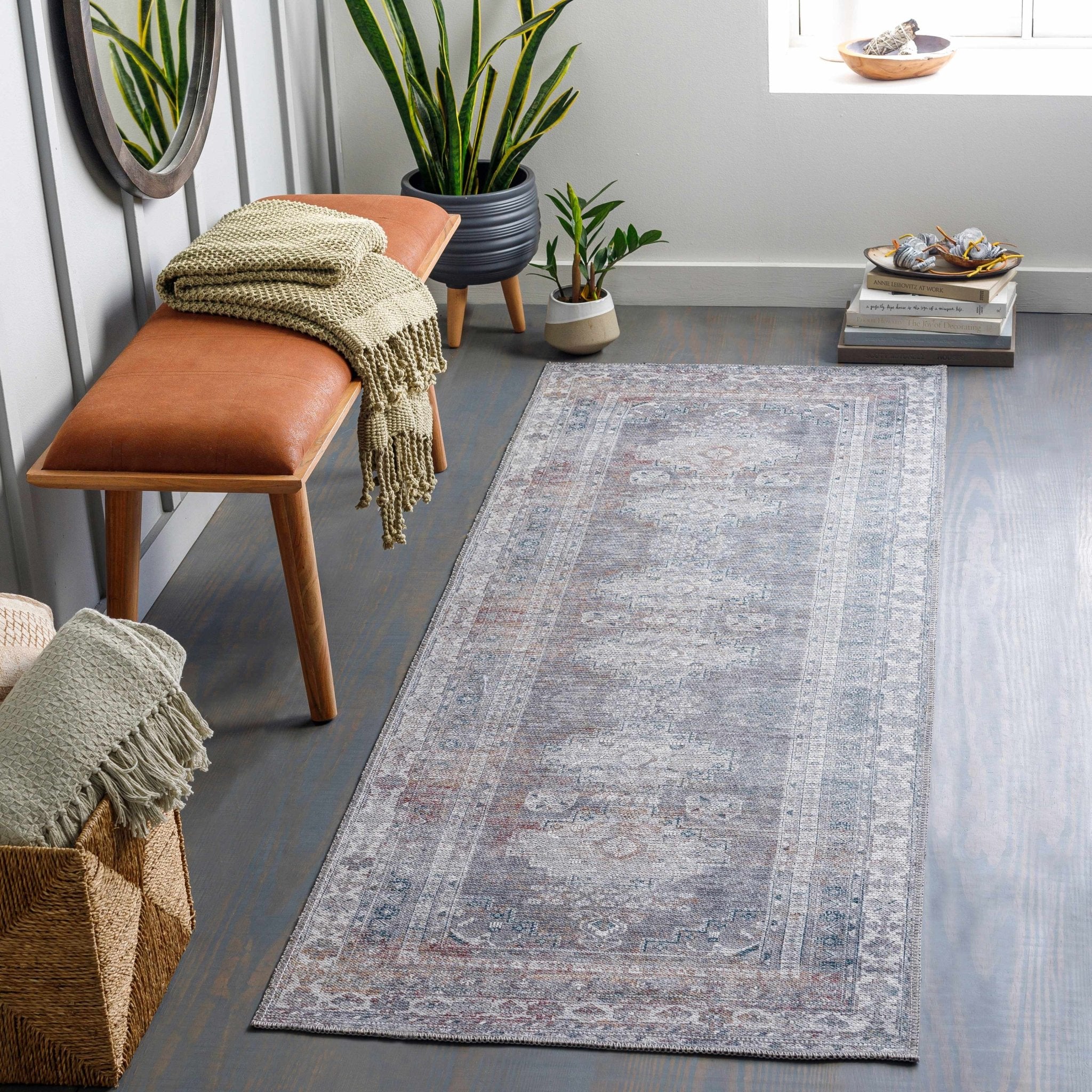 Antique Style Light Purple, Teal, Rust and Ivory Traditional Heriz Washable Area Rug - Image 3