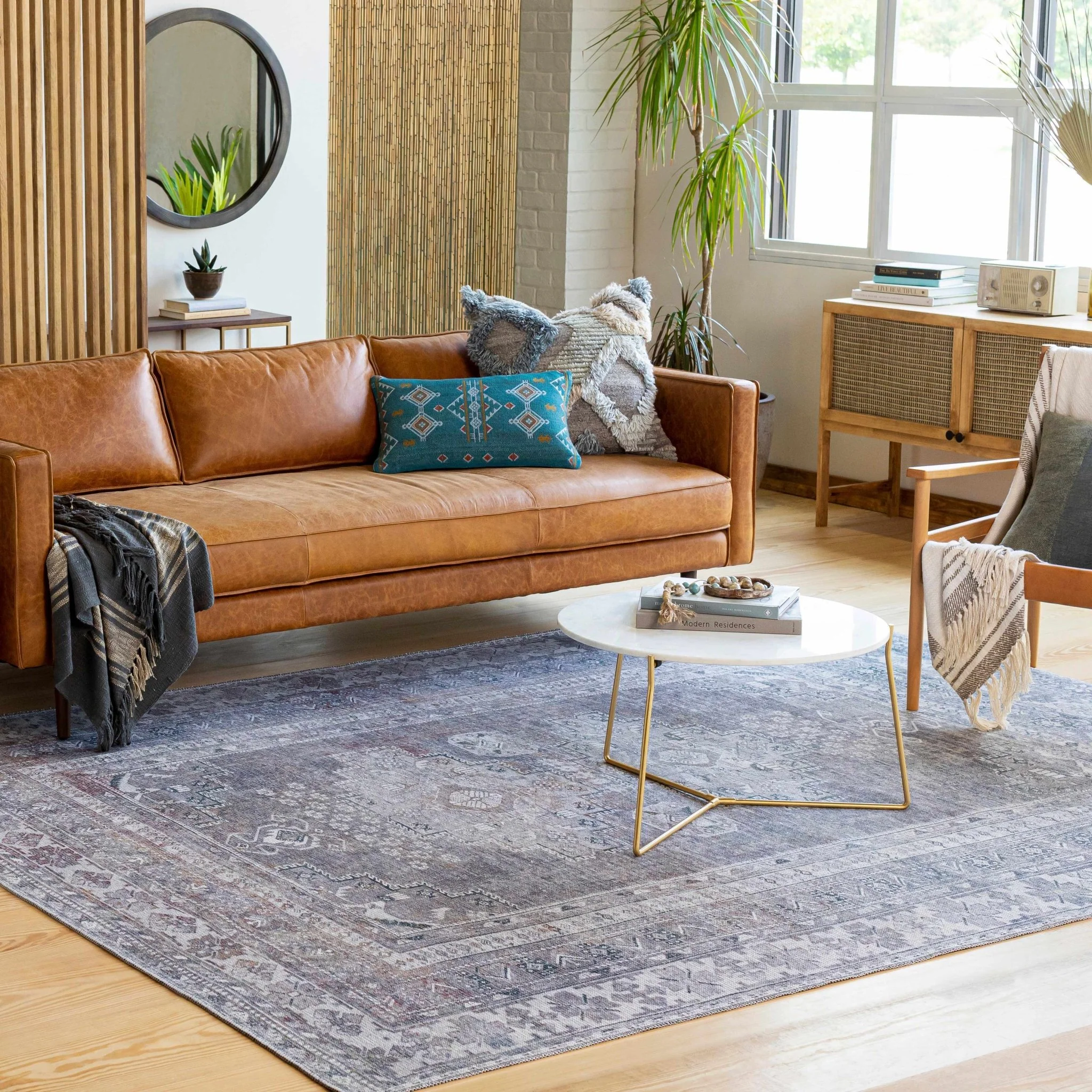 Antique Style Light Purple, Teal, Rust and Ivory Traditional Heriz Washable Area Rug - Image 5