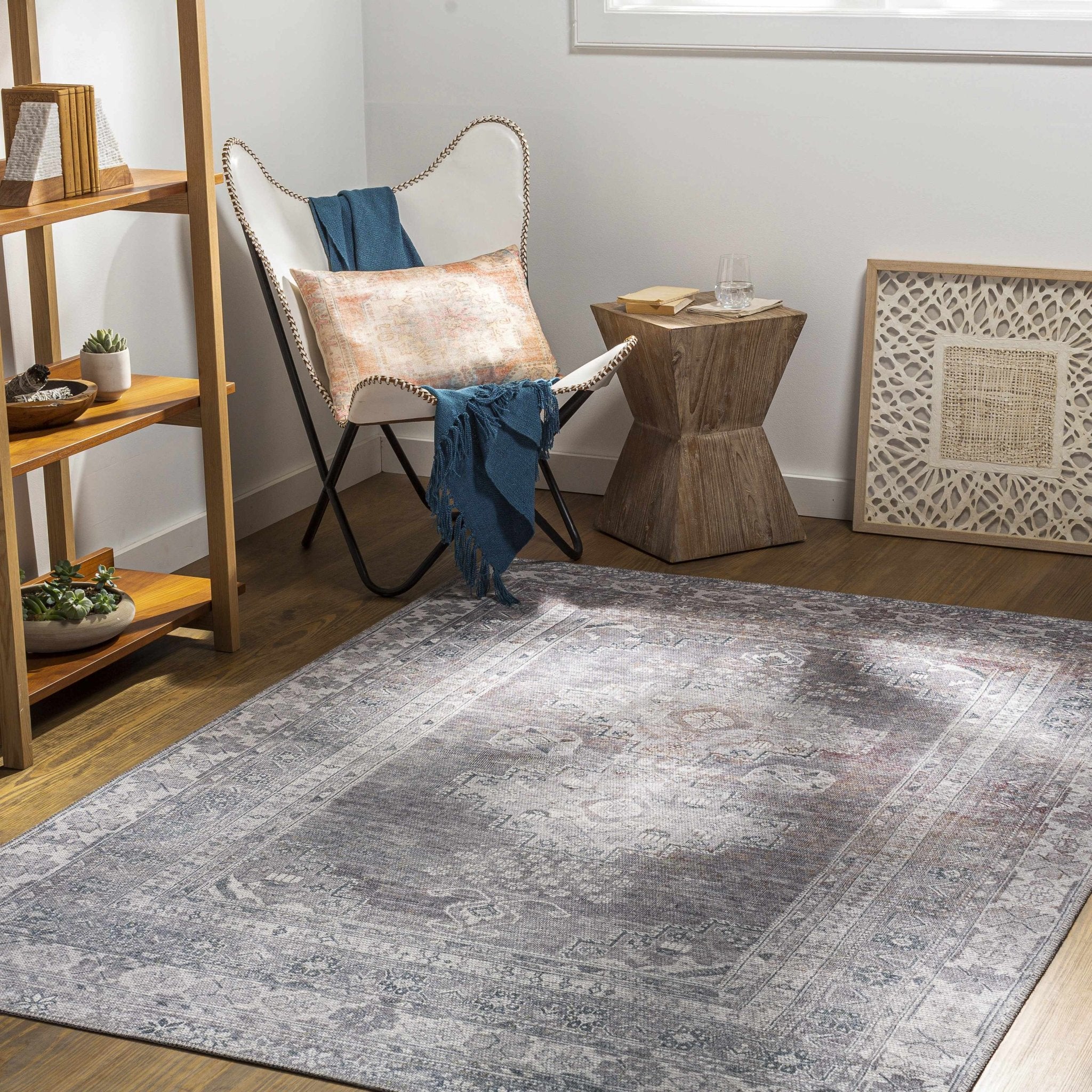 Antique Style Light Purple, Teal, Rust and Ivory Traditional Heriz Washable Area Rug - Image 7