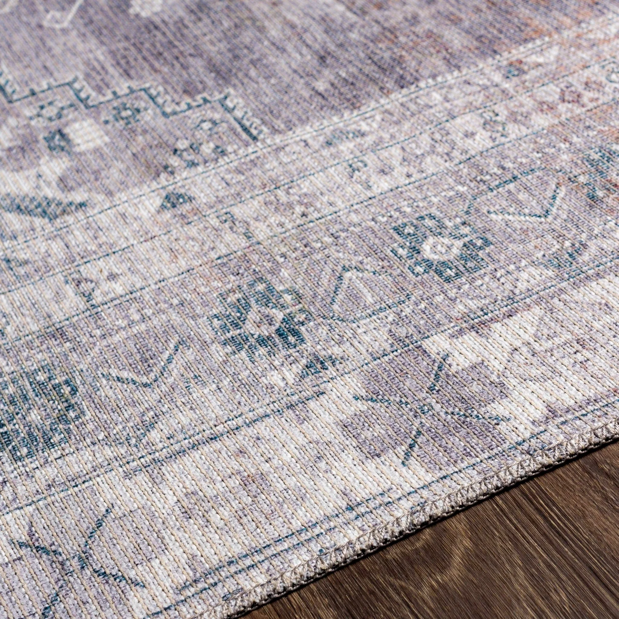 Antique Style Light Purple, Teal, Rust and Ivory Traditional Heriz Washable Area Rug - Image 9