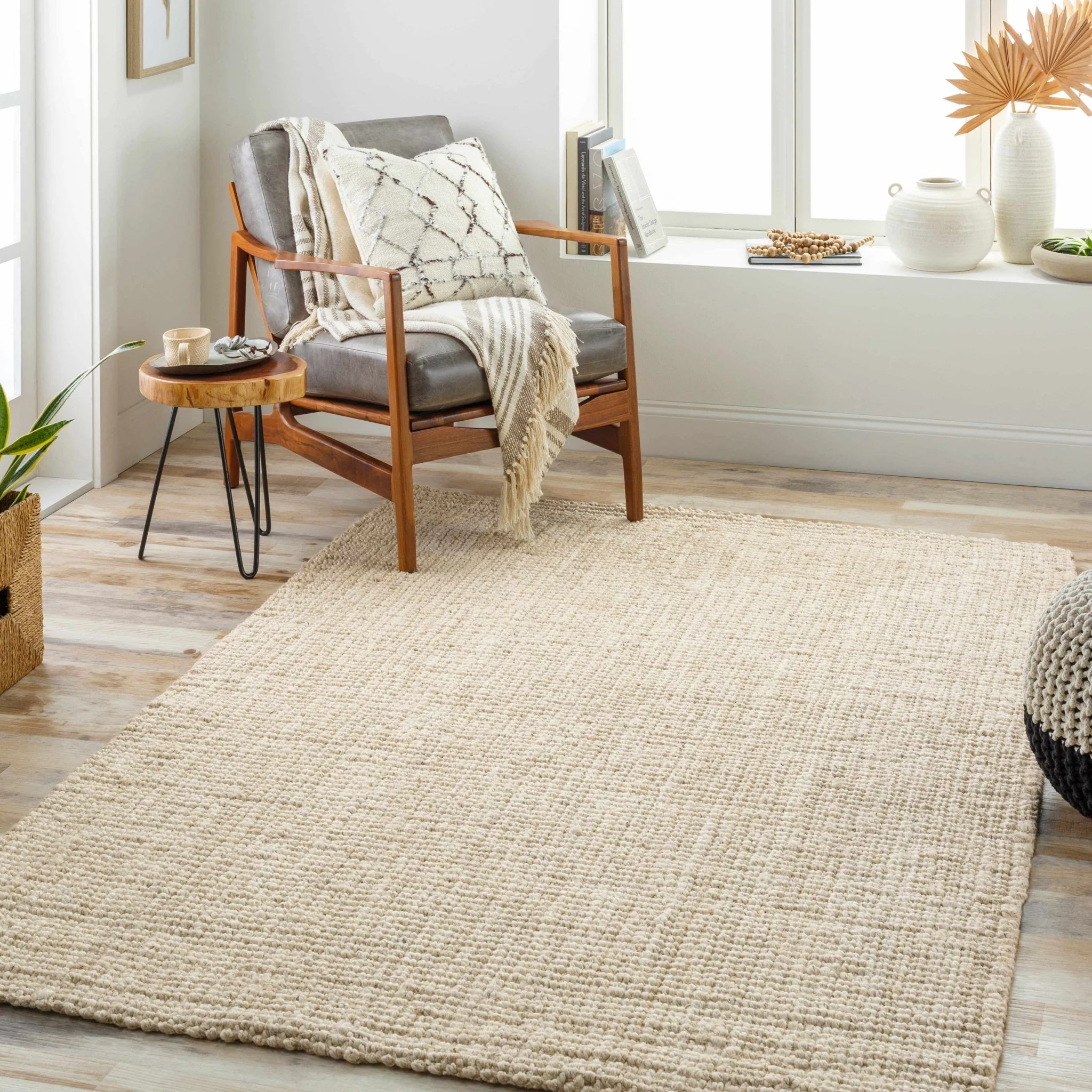 Linen Texture Natural Fiber Beige Hand Woven Jute Rug - Image 4