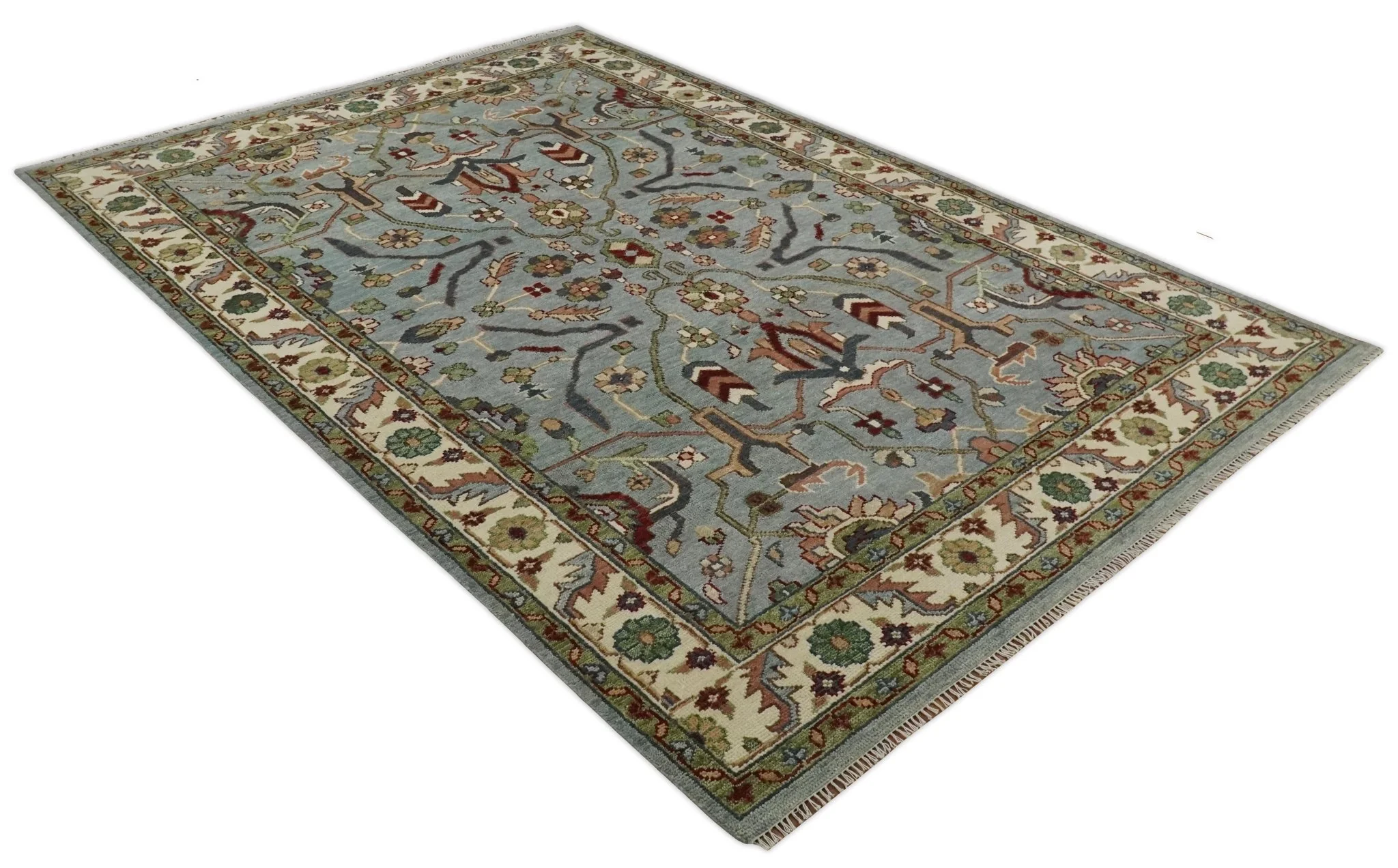 Custom Made Living Room Rug Hand Knotted Silver, Olive and Ivory Traditional Oriental Oushak Wool Rug - Image 11