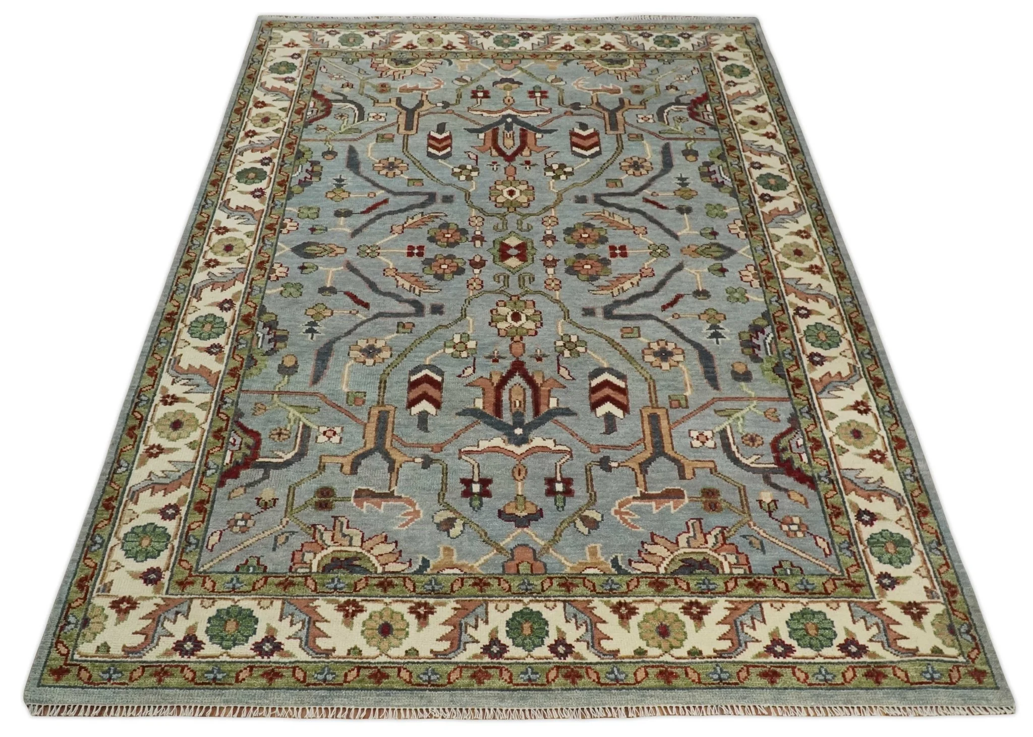 Custom Made Living Room Rug Hand Knotted Silver, Olive and Ivory Traditional Oriental Oushak Wool Rug - Image 12