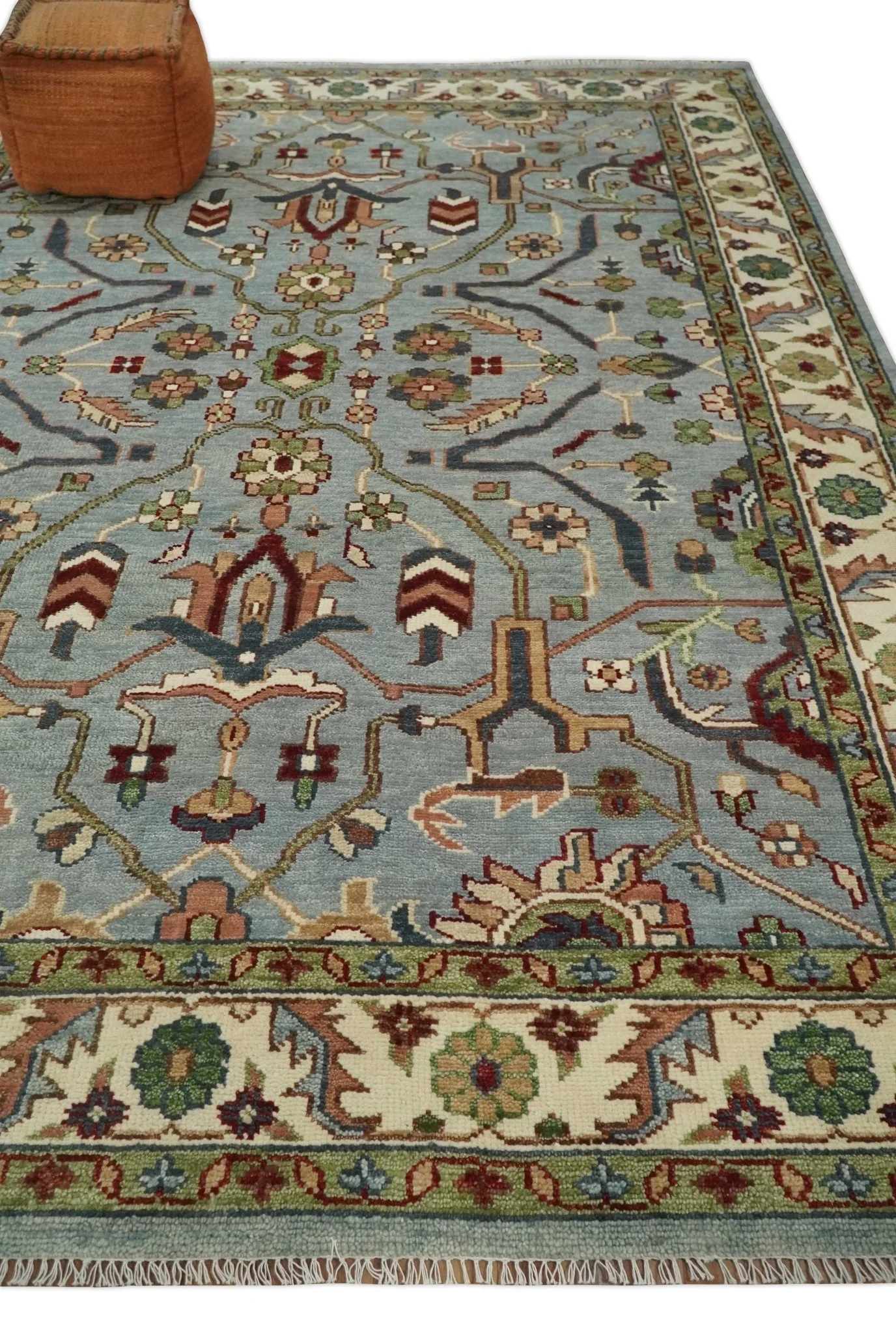 Custom Made Living Room Rug Hand Knotted Silver, Olive and Ivory Traditional Oriental Oushak Wool Rug - Image 3