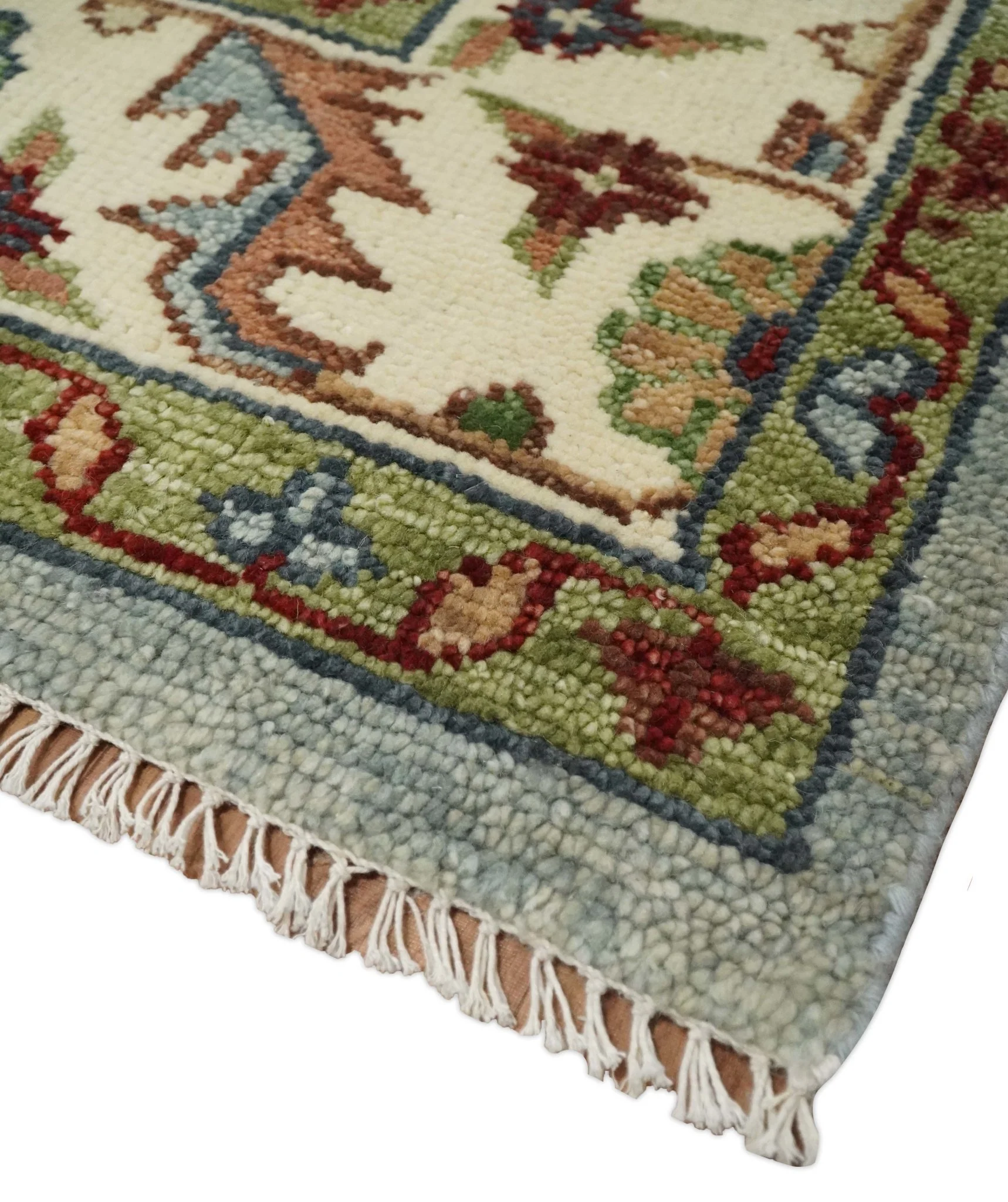 Custom Made Living Room Rug Hand Knotted Silver, Olive and Ivory Traditional Oriental Oushak Wool Rug - Image 5