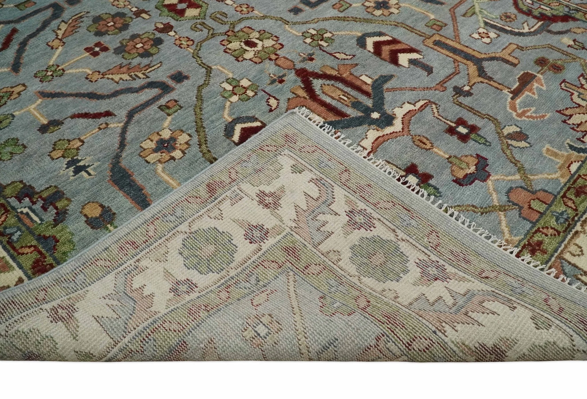 Custom Made Living Room Rug Hand Knotted Silver, Olive and Ivory Traditional Oriental Oushak Wool Rug - Image 7