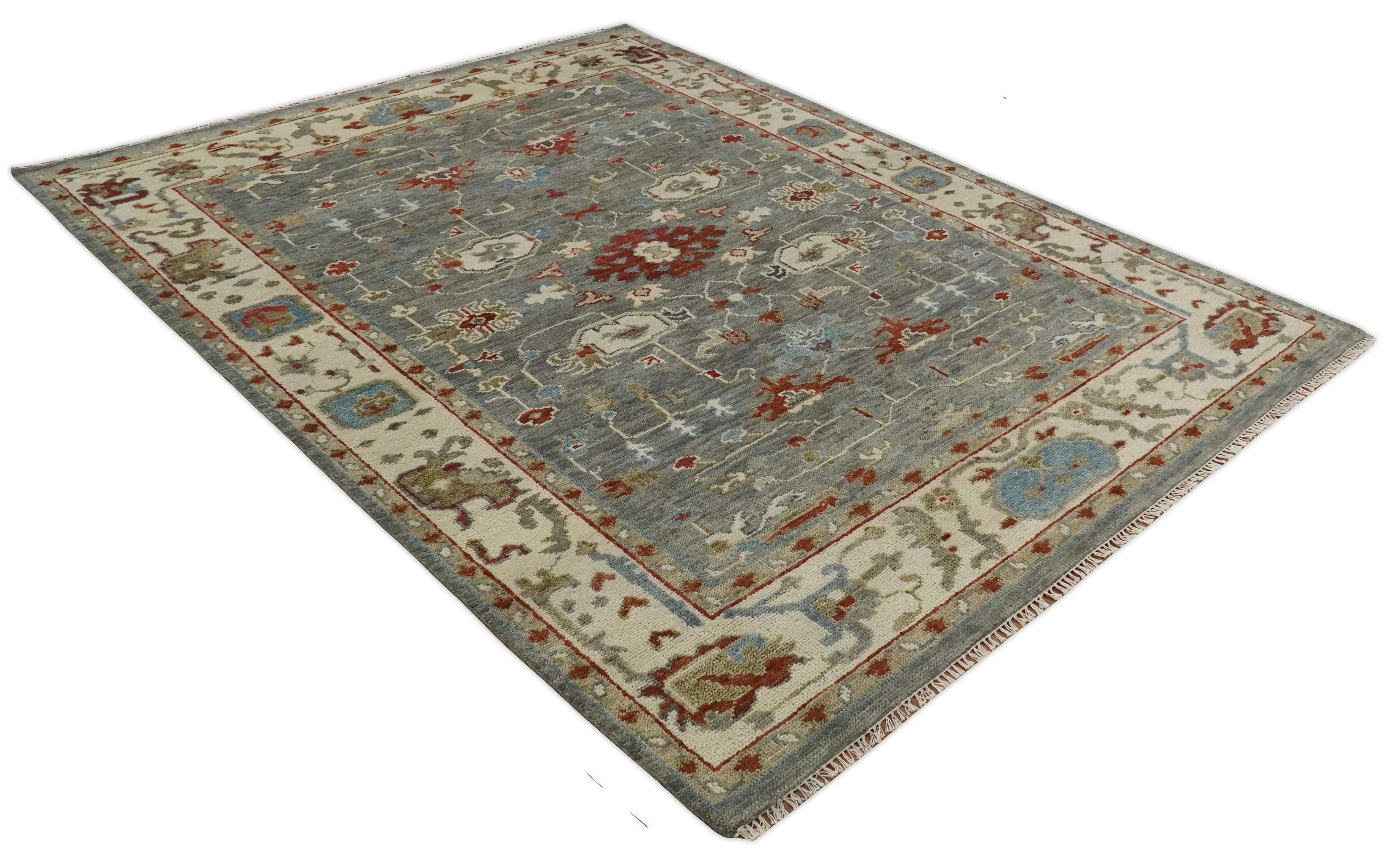 Hand Knotted Living Room Rug Charcoal, Red and Beige Traditional Vintage Style Custom Made Wool Area Rug - Image 11