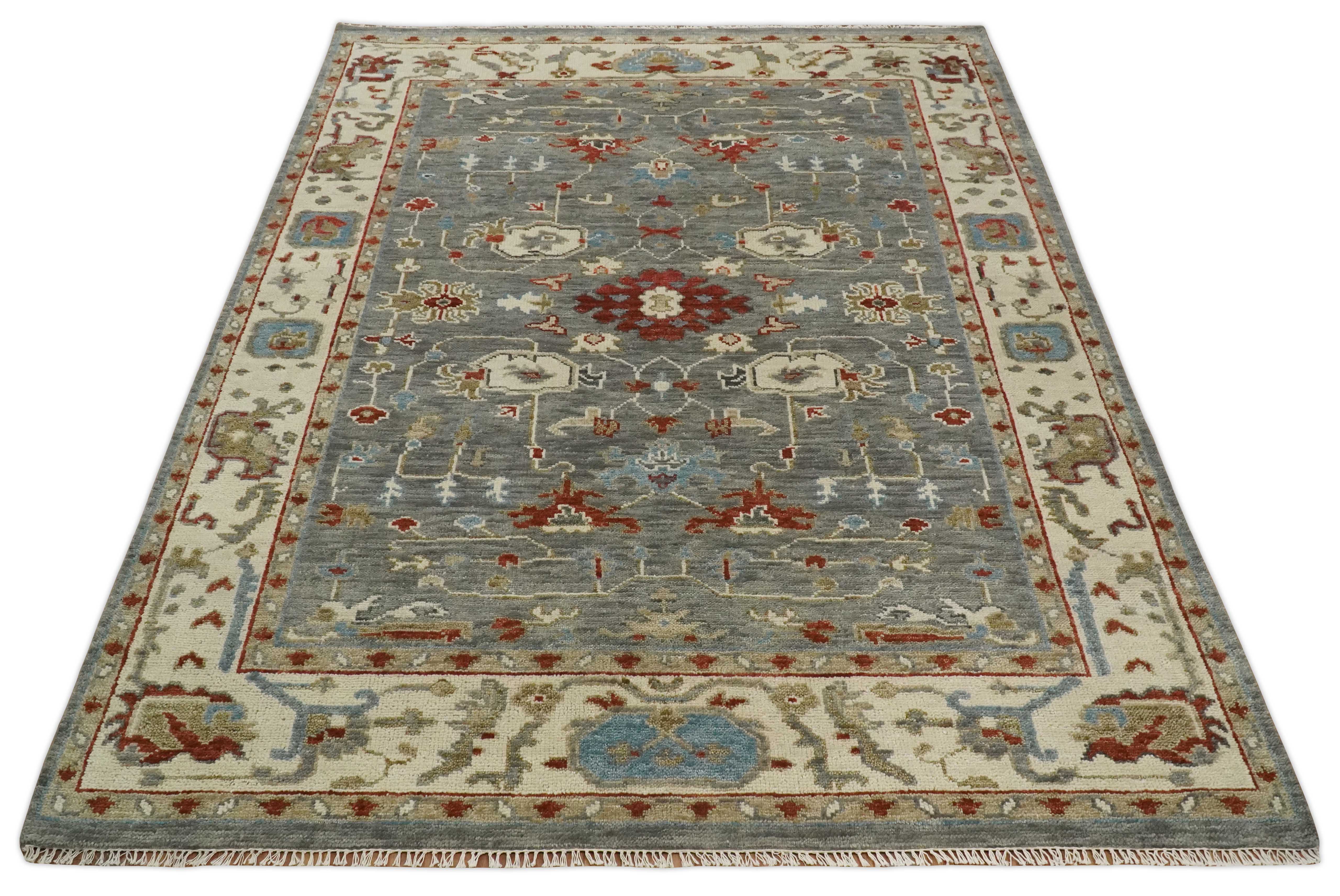 Hand Knotted Living Room Rug Charcoal, Red and Beige Traditional Vintage Style Custom Made Wool Area Rug - Image 12