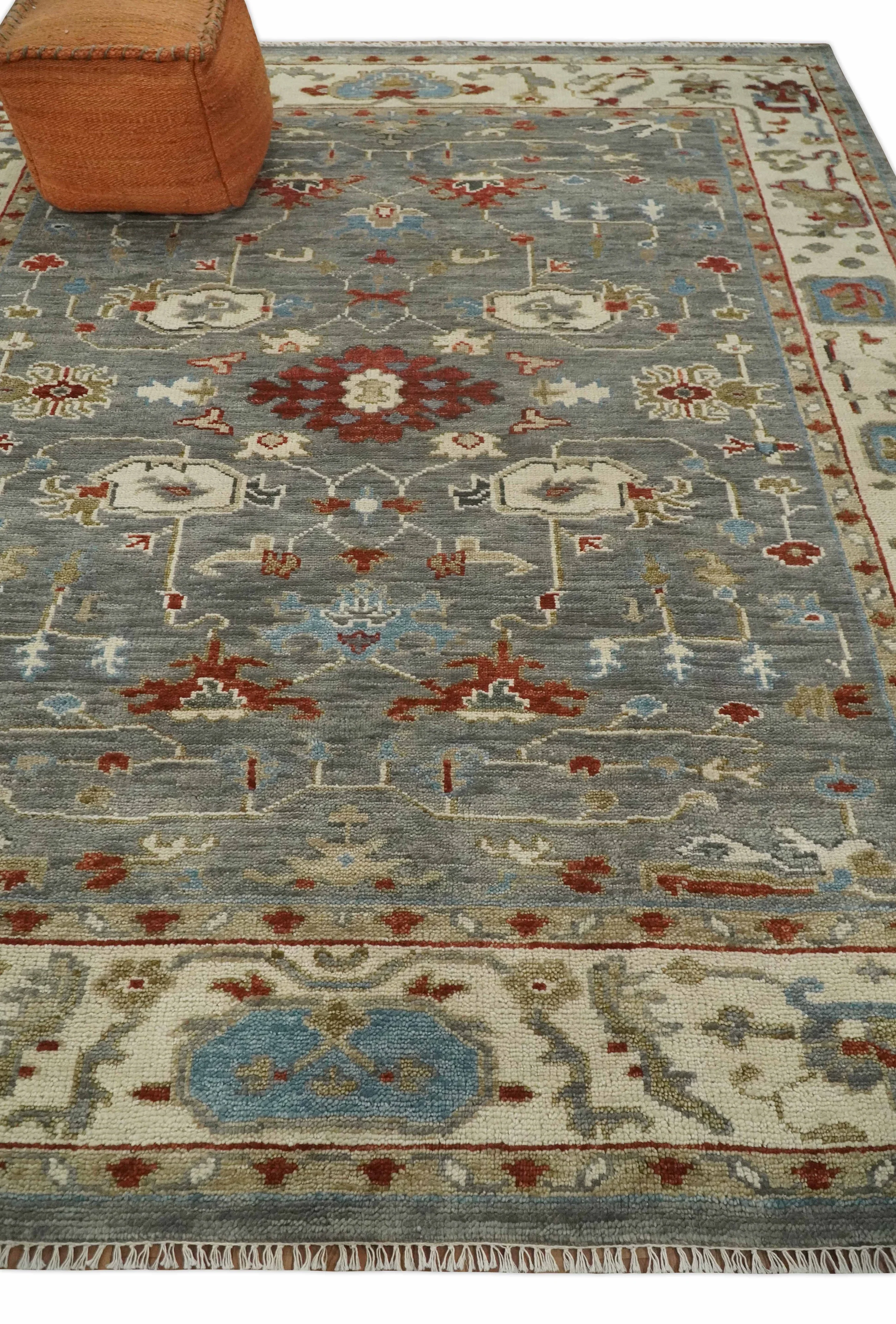 Hand Knotted Living Room Rug Charcoal, Red and Beige Traditional Vintage Style Custom Made Wool Area Rug - Image 3