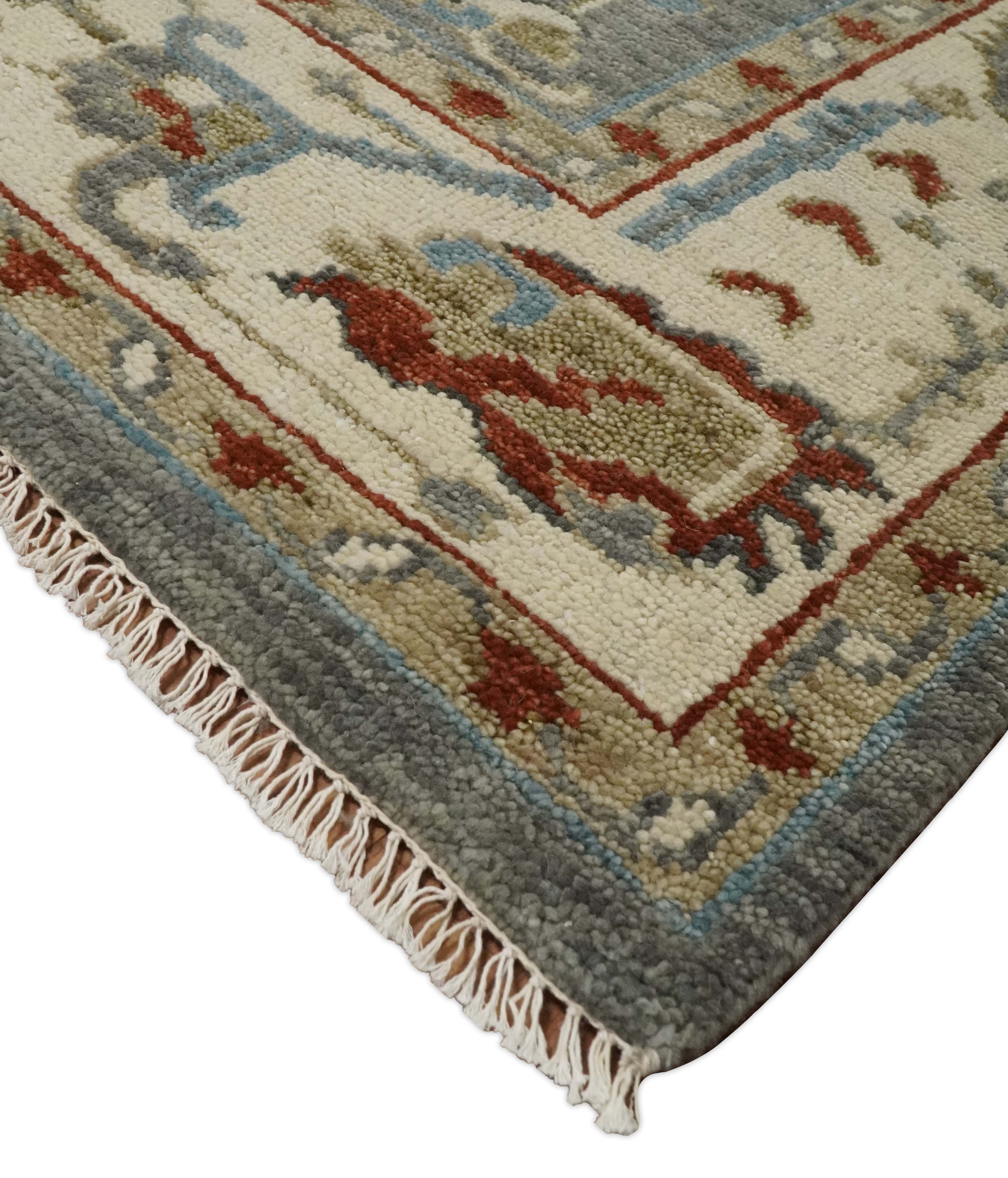 Hand Knotted Living Room Rug Charcoal, Red and Beige Traditional Vintage Style Custom Made Wool Area Rug - Image 5