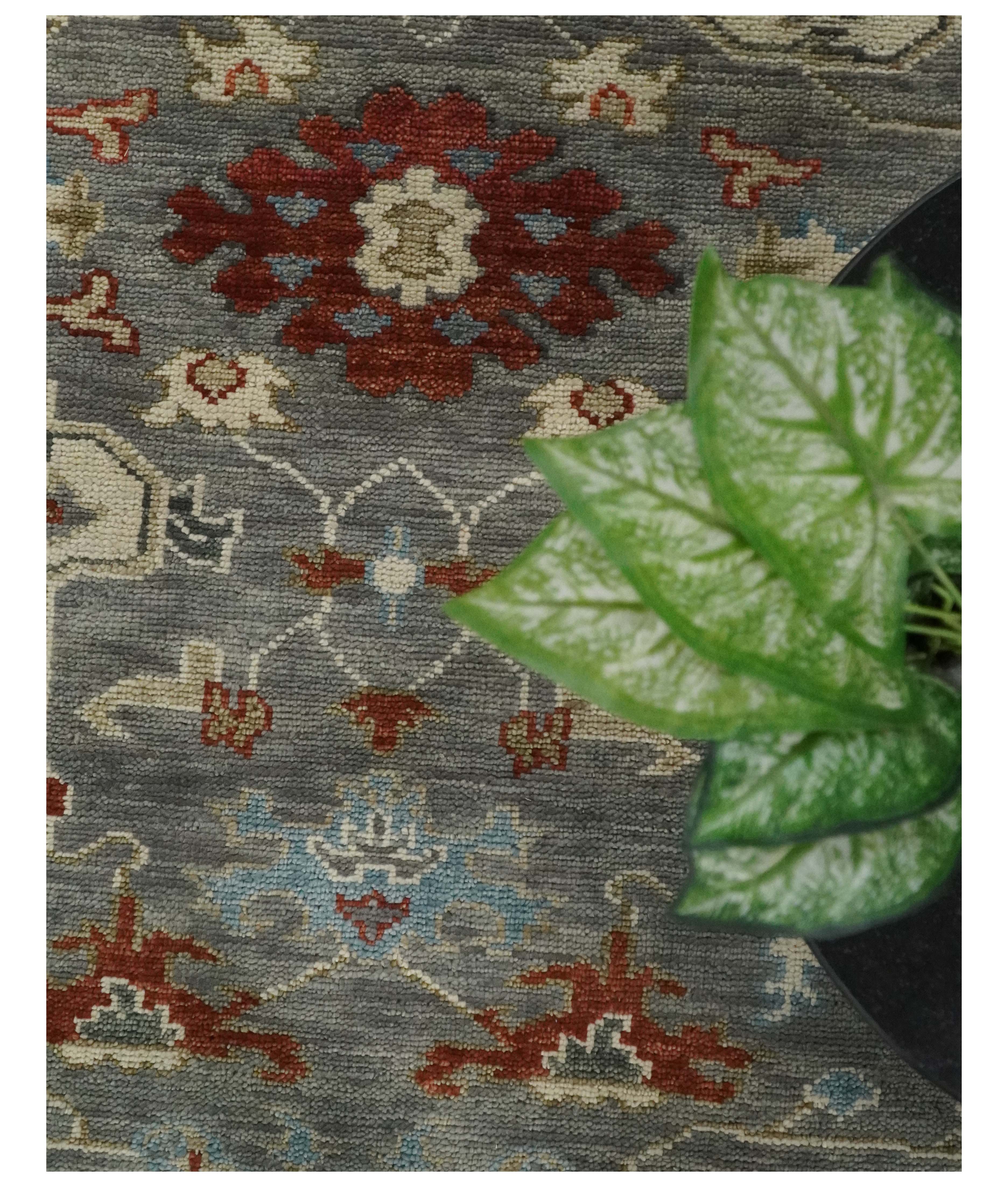 Hand Knotted Living Room Rug Charcoal, Red and Beige Traditional Vintage Style Custom Made Wool Area Rug - Image 6