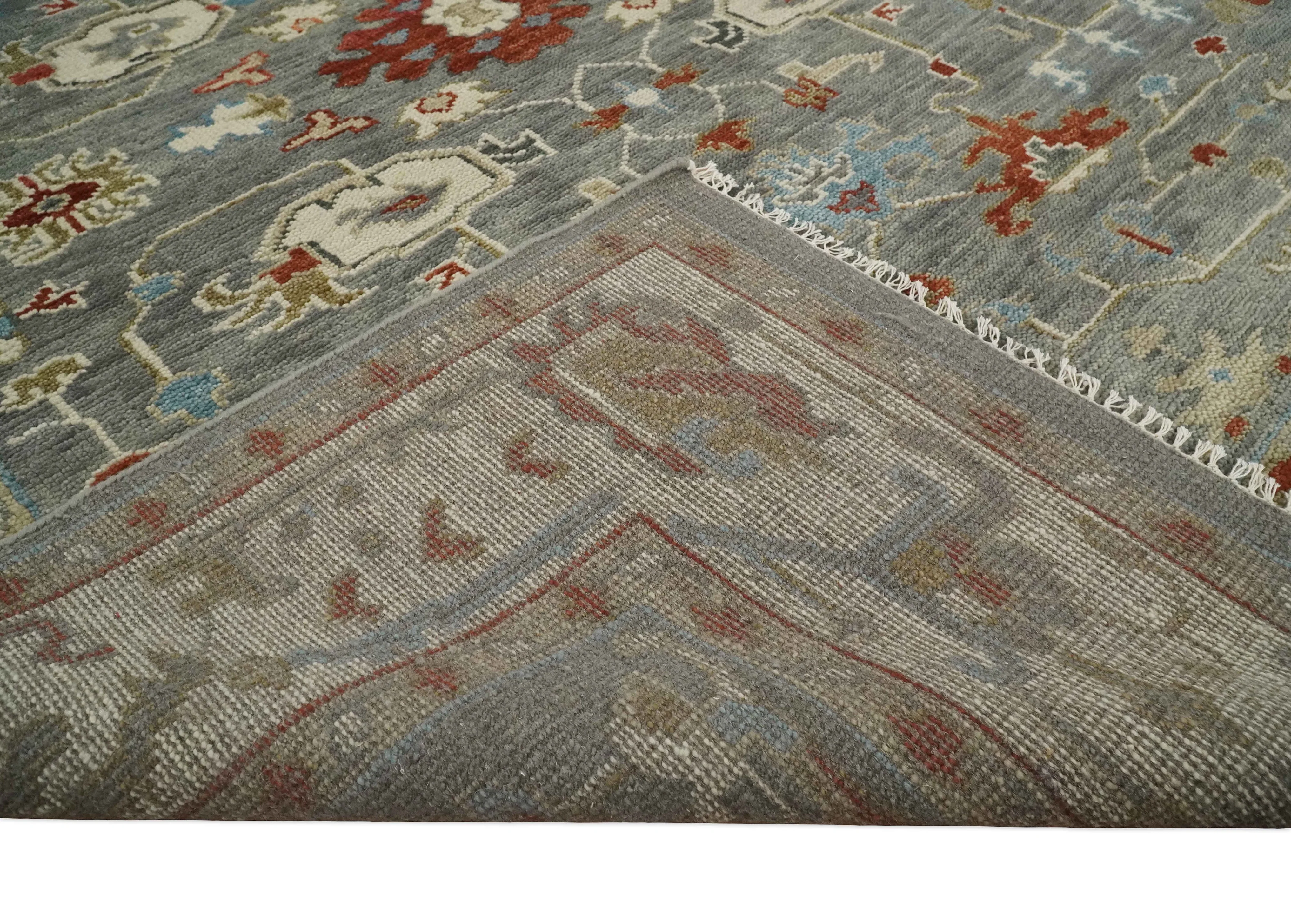 Hand Knotted Living Room Rug Charcoal, Red and Beige Traditional Vintage Style Custom Made Wool Area Rug - Image 7