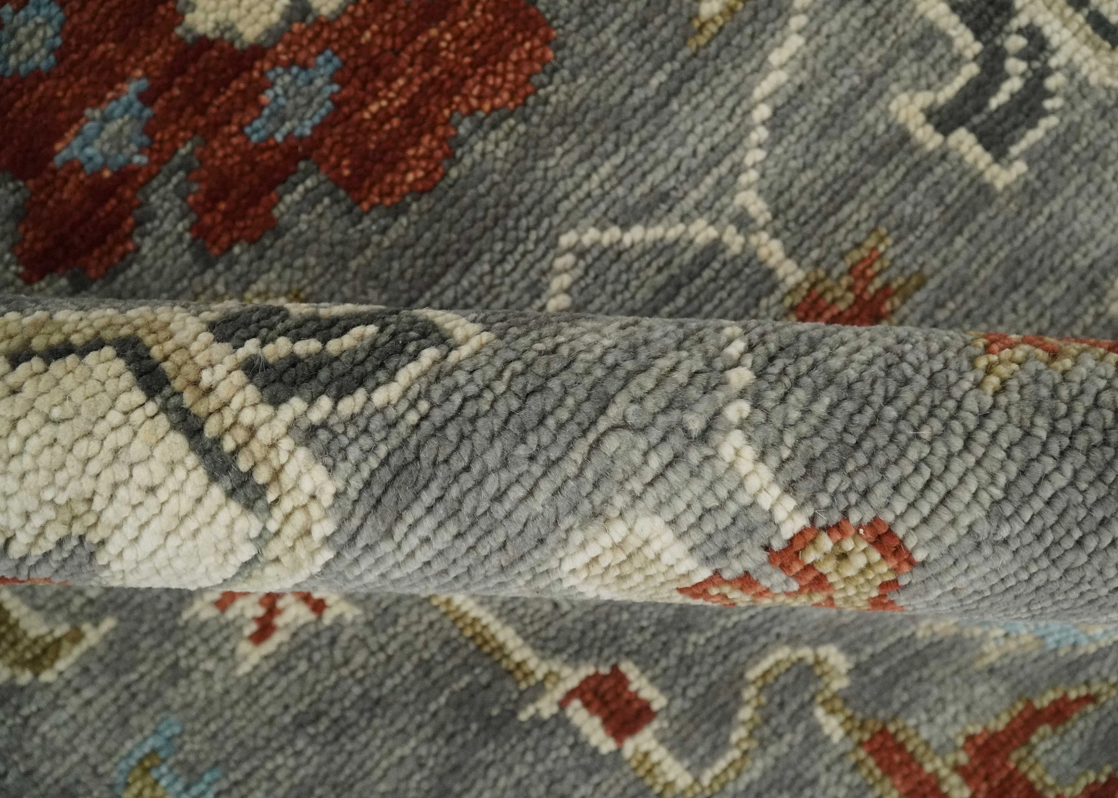 Hand Knotted Living Room Rug Charcoal, Red and Beige Traditional Vintage Style Custom Made Wool Area Rug - Image 8