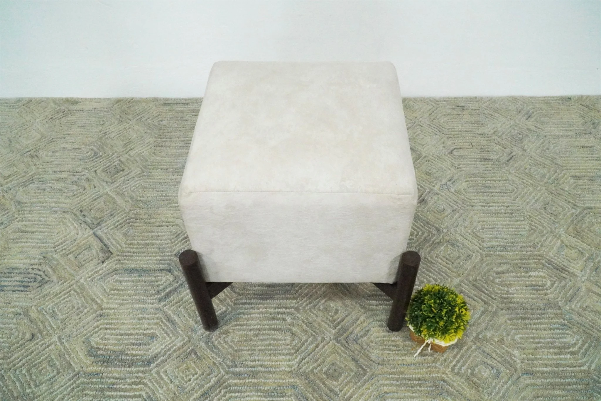 Luxury Velvet Handmade Ivory Wooden Stool - Image 10